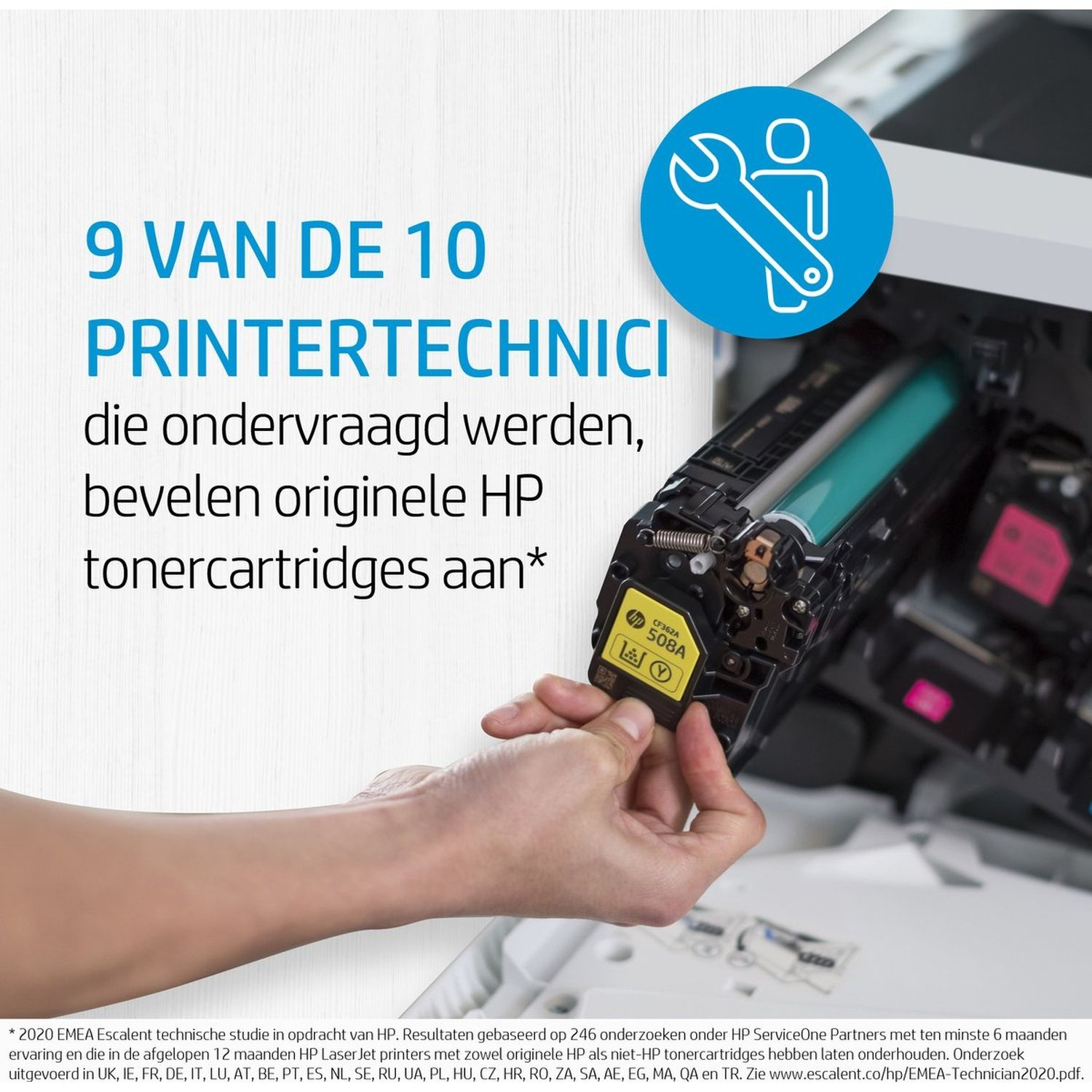 Image showing a printer with a hand replacing a toner cartridge. Text highlights printer technician recommendations.