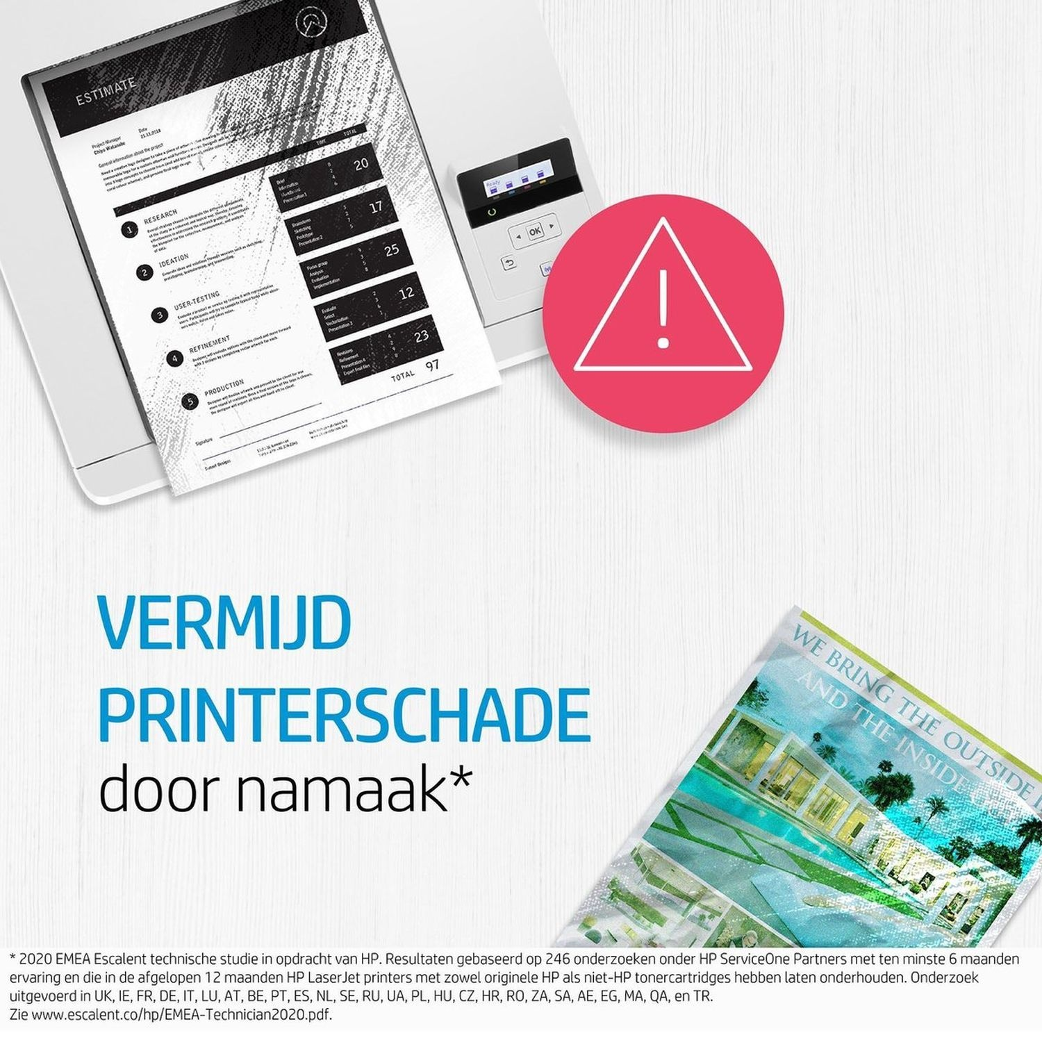 Printed document with a warning triangle and a small magazine.