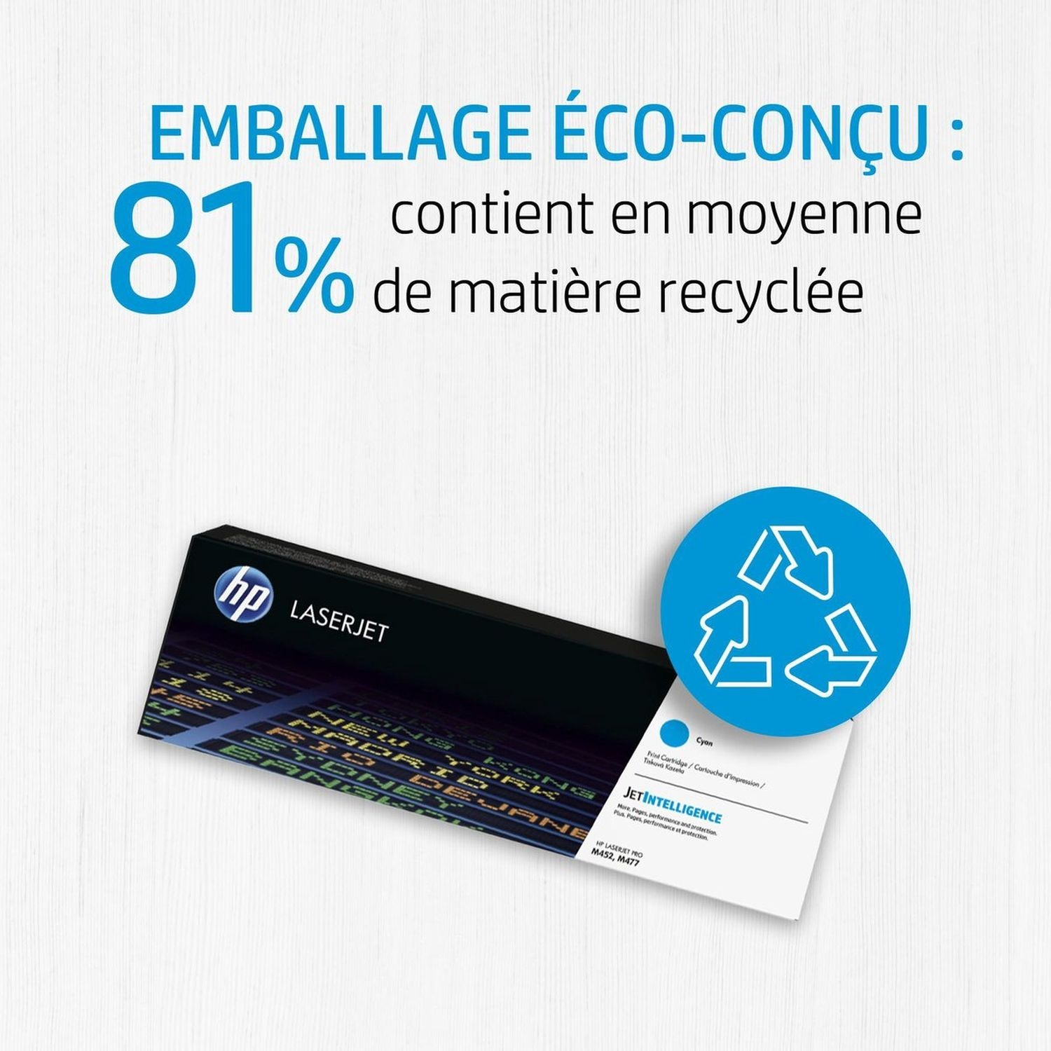 Une cartouche HP LaserJet avec des informations de recyclage. Le fond est bleu.