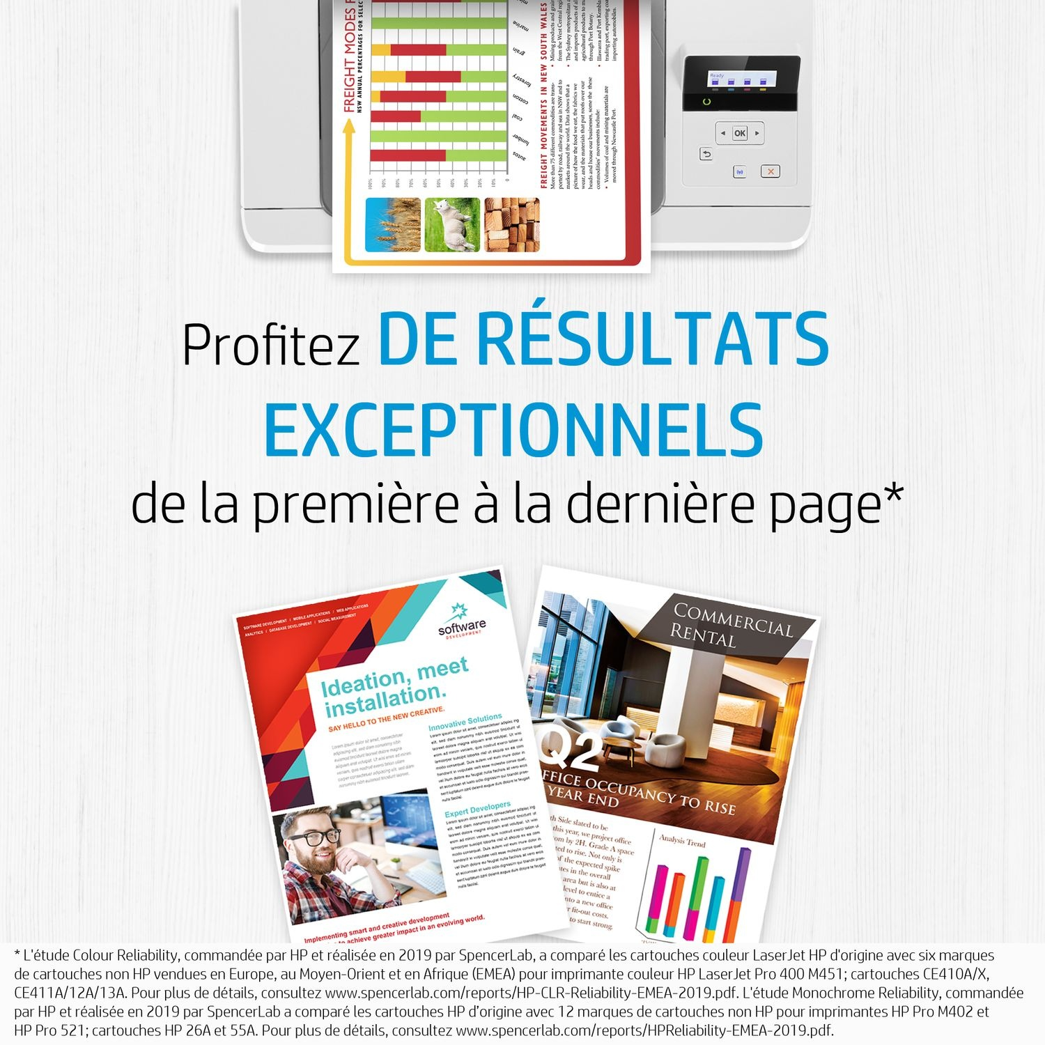 Imprimante HP avec des documents montrant des graphiques et du texte.
