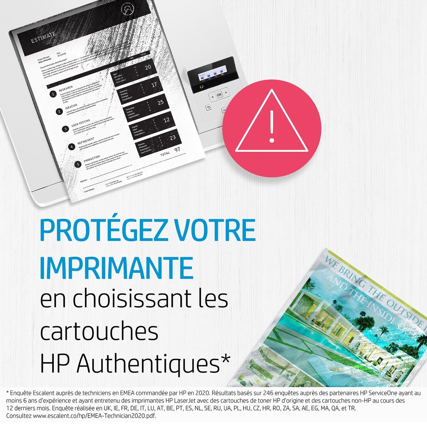 Une imprimante avec des documents et un triangle d'avertissement rouge, promouvant les cartouches d'encre HP authentiques.