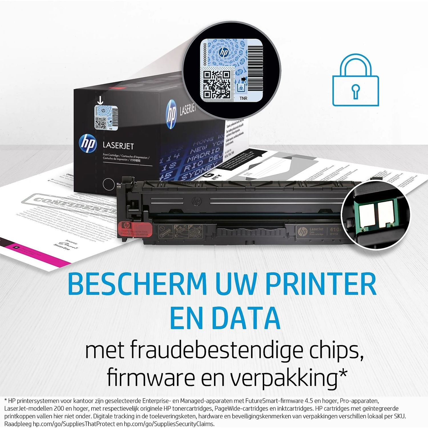 HP printer cartridge box with a lock icon. Text: "Protect your printer and data". Black cartridge.