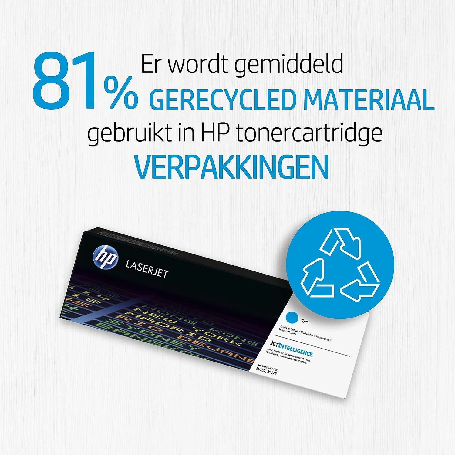 An HP toner cartridge packaging with text about recycled materials and a recycling symbol.