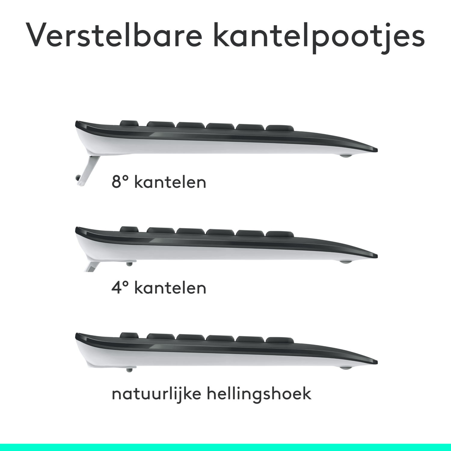 Three images showing the adjustable tilt angles of a keyboard's feet.