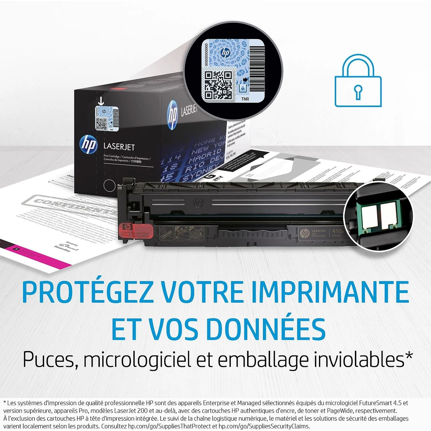 Cartouche et boîte d'imprimante HP avec fonctions de sécurité. Texte : Protégez votre imprimante et vos données. Puces et emballage inviolables.