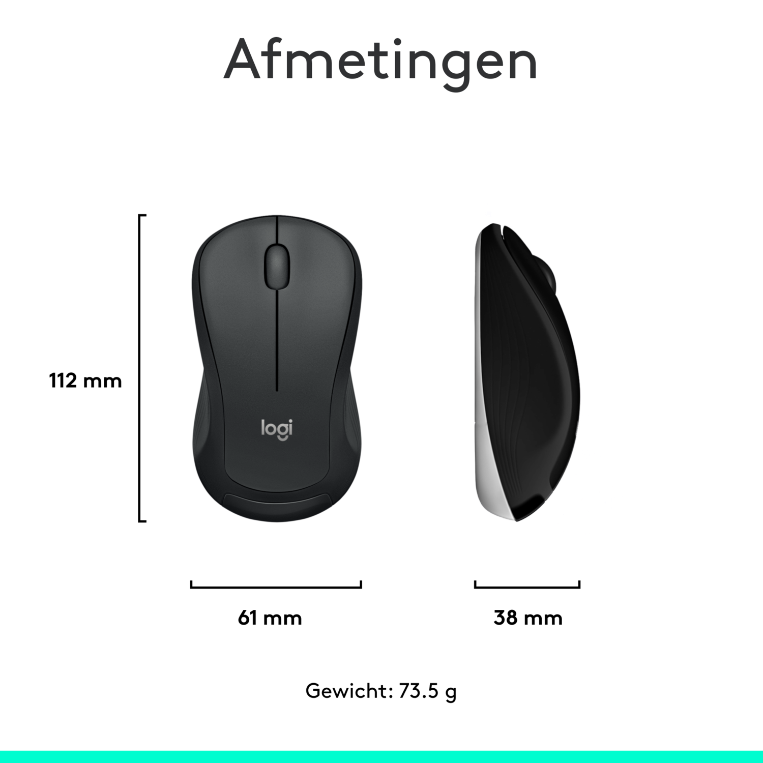 Black mouse. Top and side view with measurements. Text: Dimensions and weight.