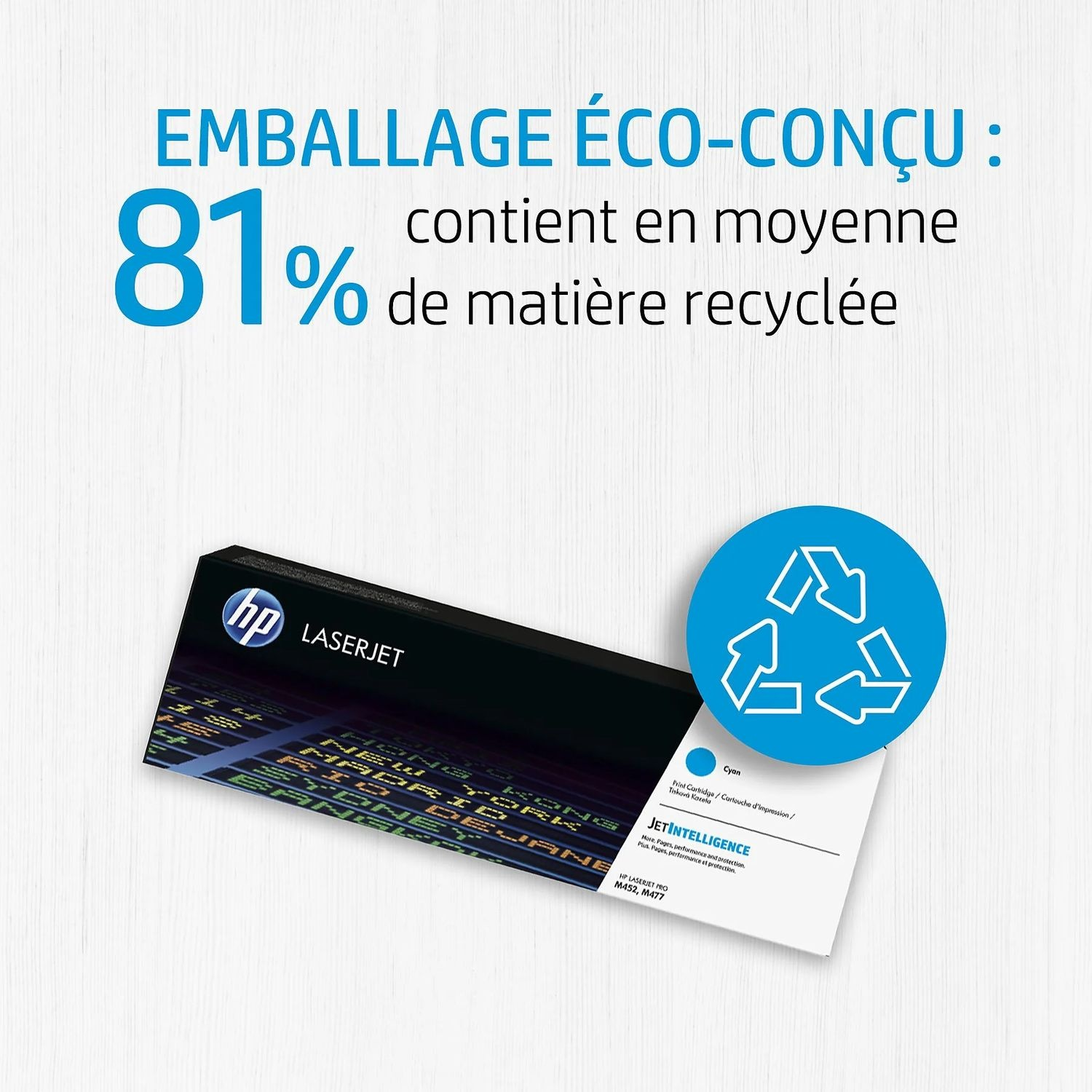 Cartouche de toner HP LaserJet avec un symbole de recyclage. Texte : Emballage éco-conçu : 81 % de matières recyclées.