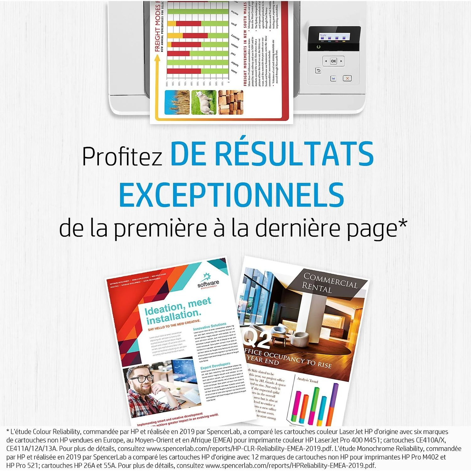 Documents imprimés avec texte et images, avec une imprimante en arrière-plan, et texte bleu.