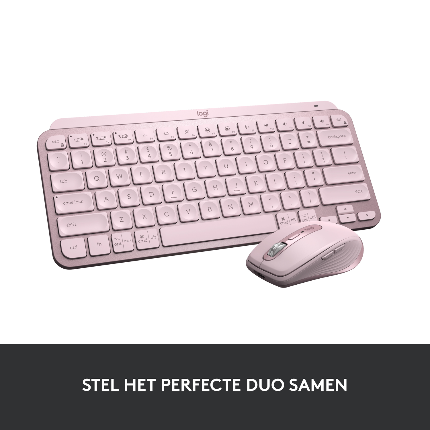 Toetsenbord- en muisset, roze kleur, op een wit oppervlak.
