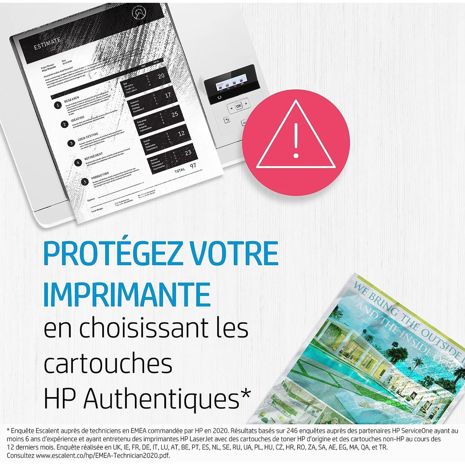 Imprimante avec des documents et un panneau d'avertissement. Texte promouvant les cartouches HP.