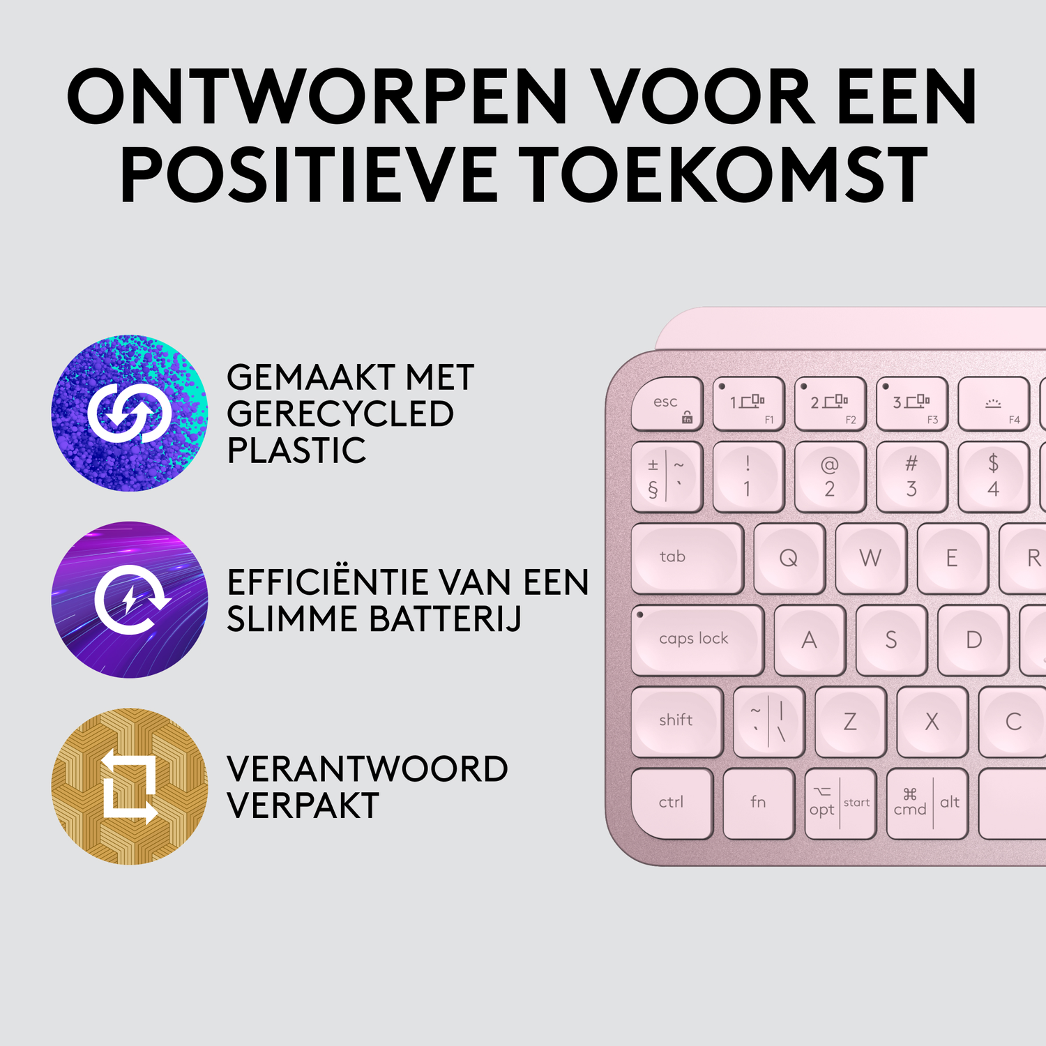 Een roze toetsenbord met tekst over gemaakt zijn van gerecycled plastic.