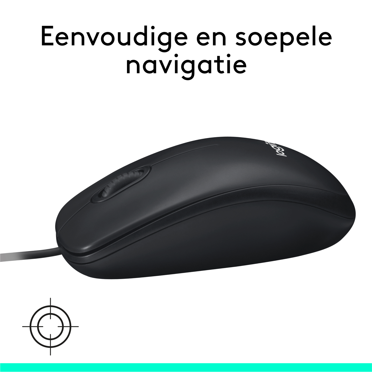 A black computer mouse with a curved design, a target icon is in the bottom left corner.