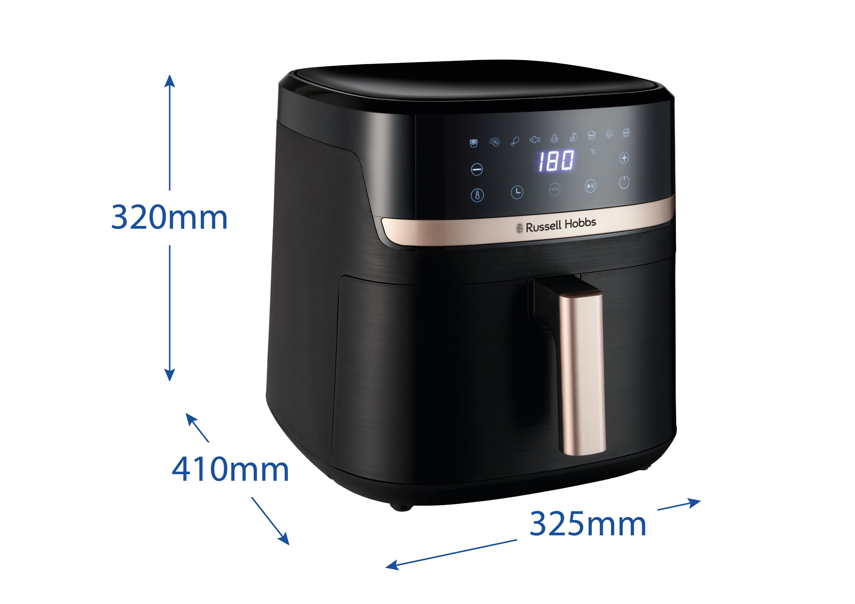 Schwarze Heißluftfritteuse mit Digitalanzeige. Maße: 320mm hoch, 410mm breit, 325mm tief.