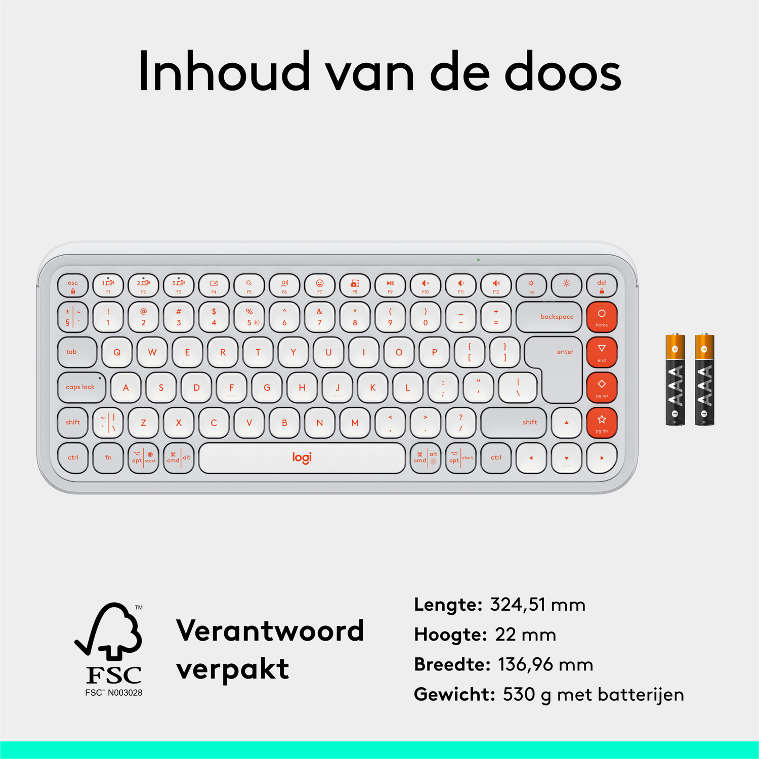 Wit toetsenbord met toetsen, sommige gemarkeerd, en drie AAA-batterijen.