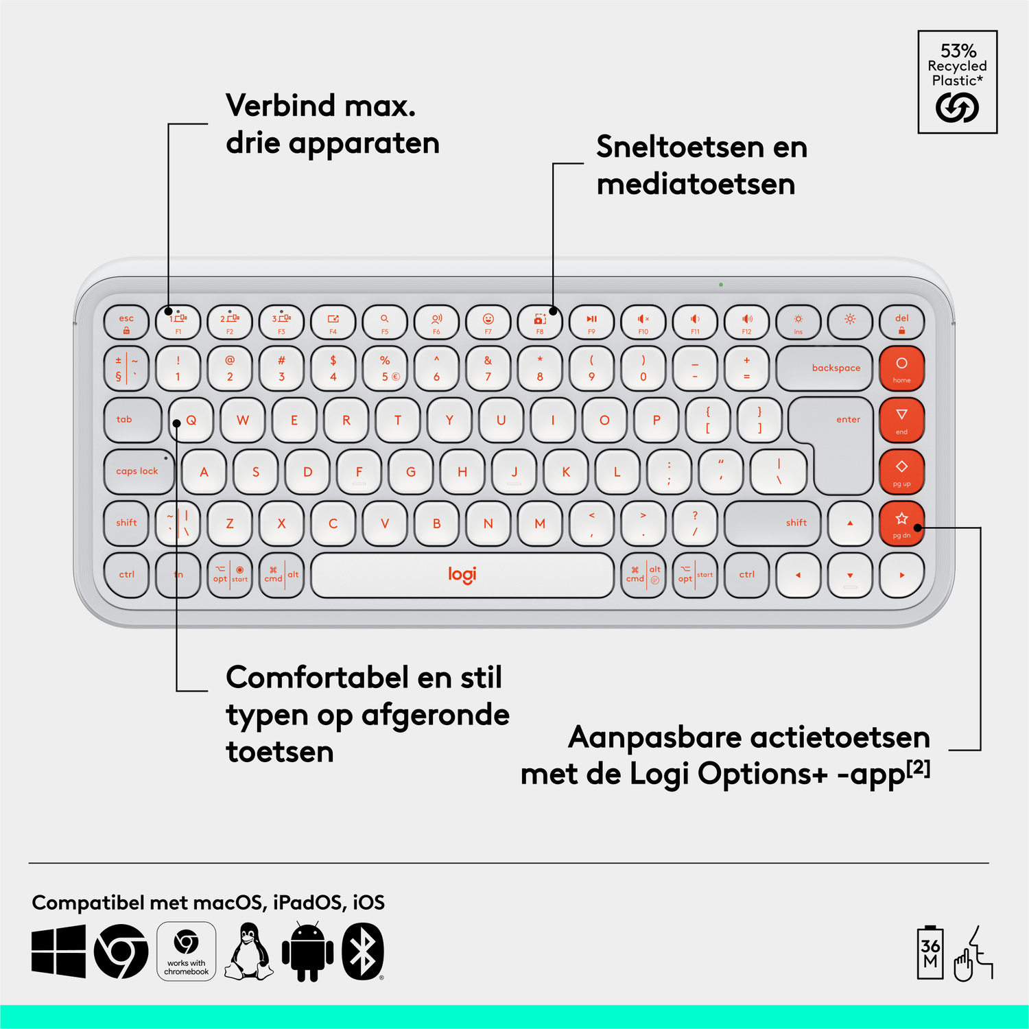 Wit toetsenbord met rode en witte toetsen. Het heeft meerdere functietoetsen. Het logo staat in het midden.