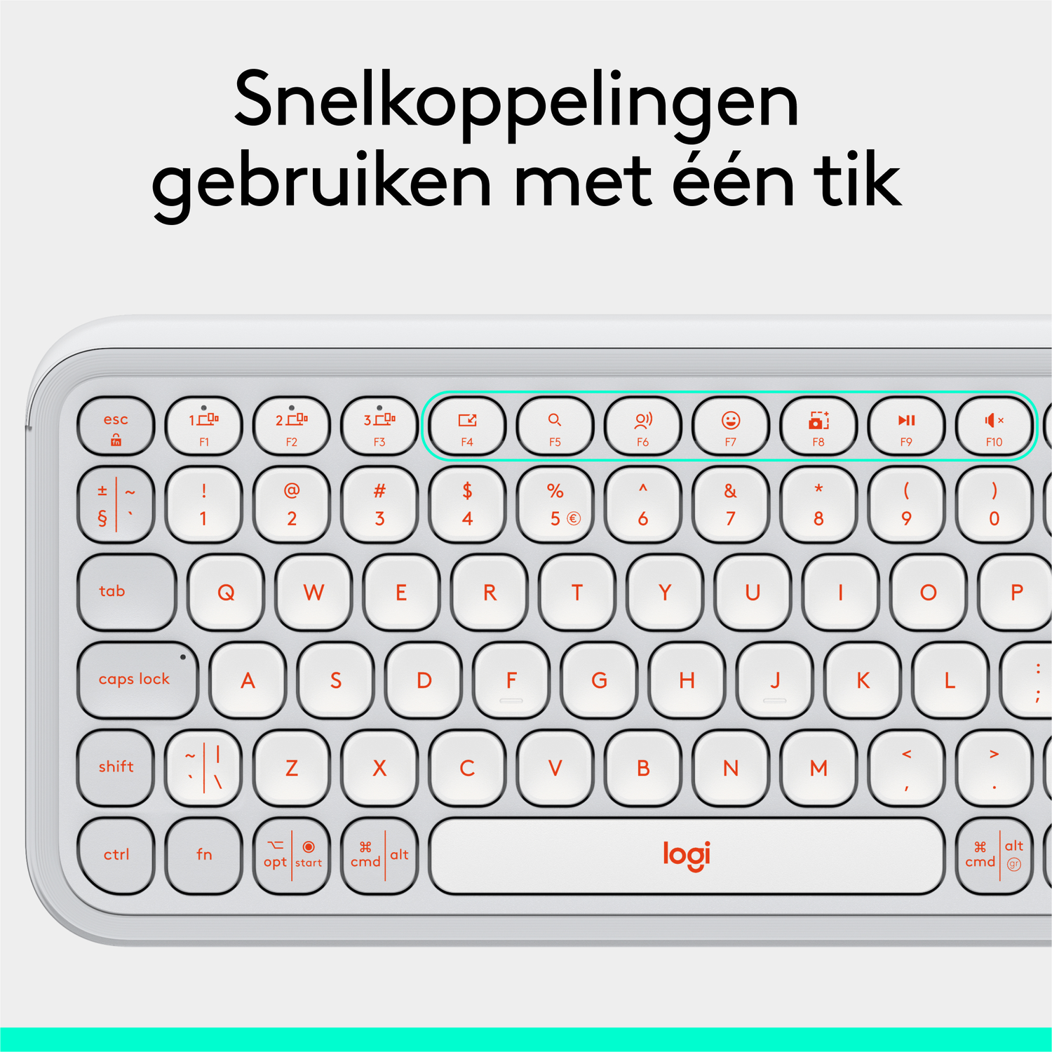 Een wit toetsenbord met ronde toetsen. De toetsen zijn wit, met een oranje logi-logo en accenten.