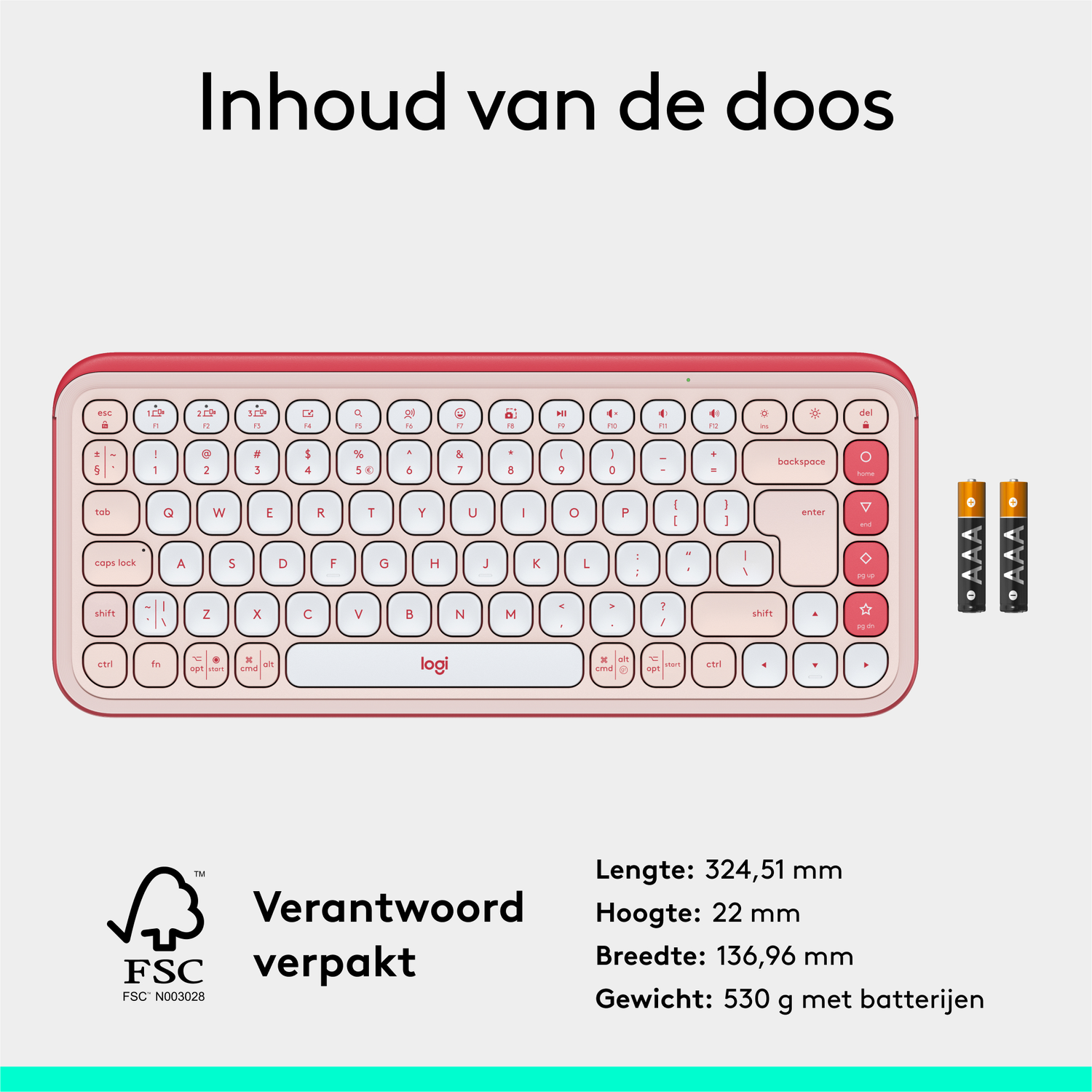 Een roze toetsenbord met witte toetsen en een paar batterijen ernaast.