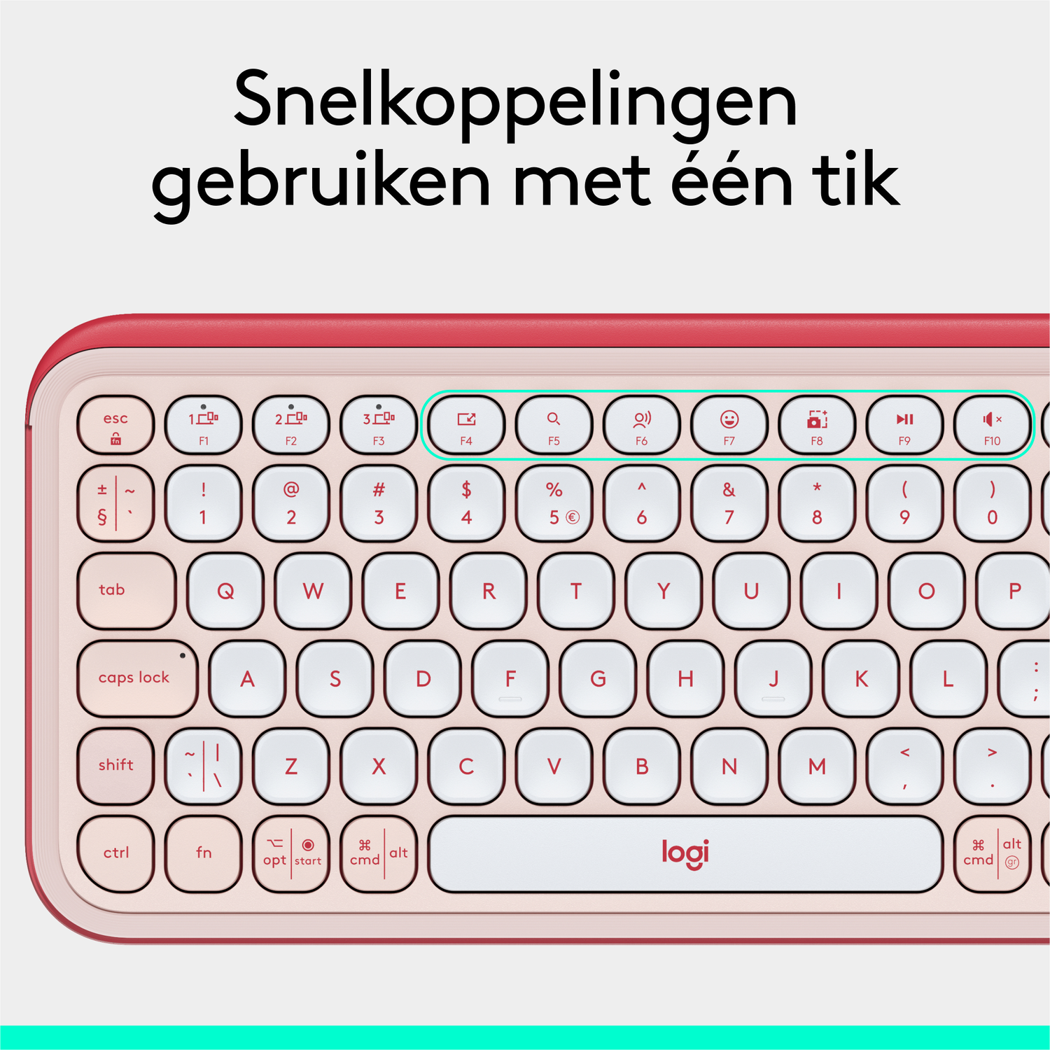 Toetsenbord met een roze frame, met witte toetsen en het Logitech-logo.