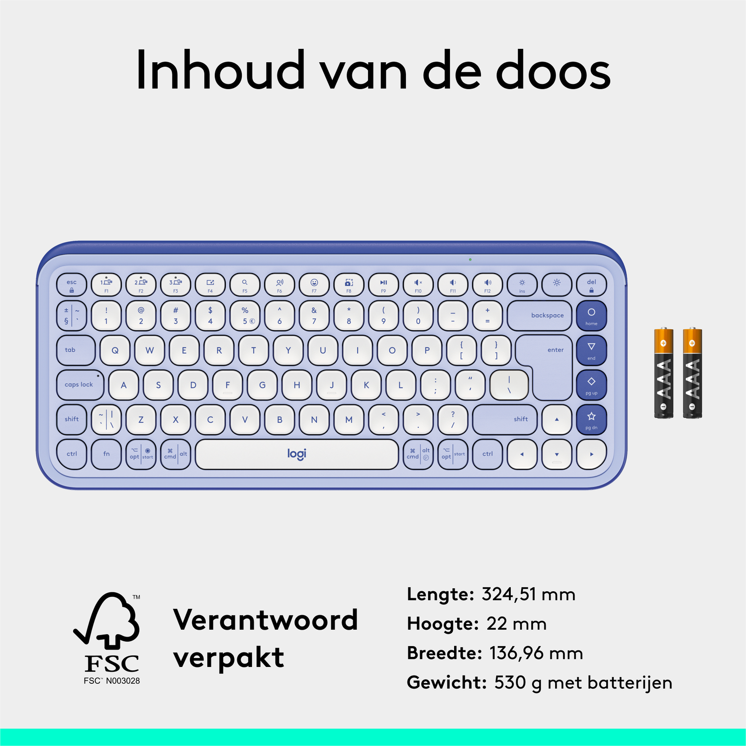 Blauw toetsenbord, met witte toetsen en een afgerond ontwerp. Daarnaast batterijen. Witte achtergrond.