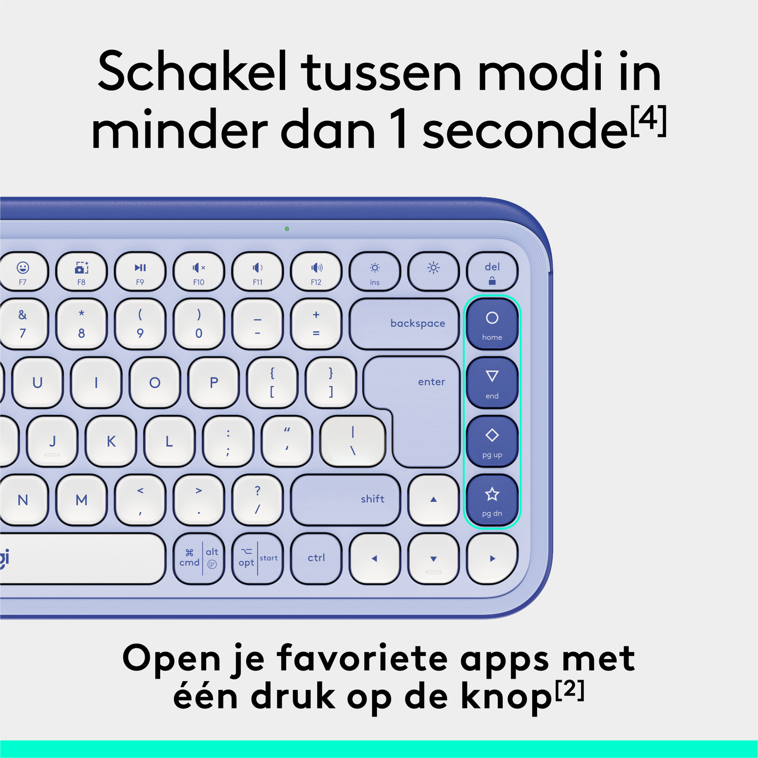 Blauw toetsenbord met witte toetsen. Het toetsenbord heeft veel functietoetsen.