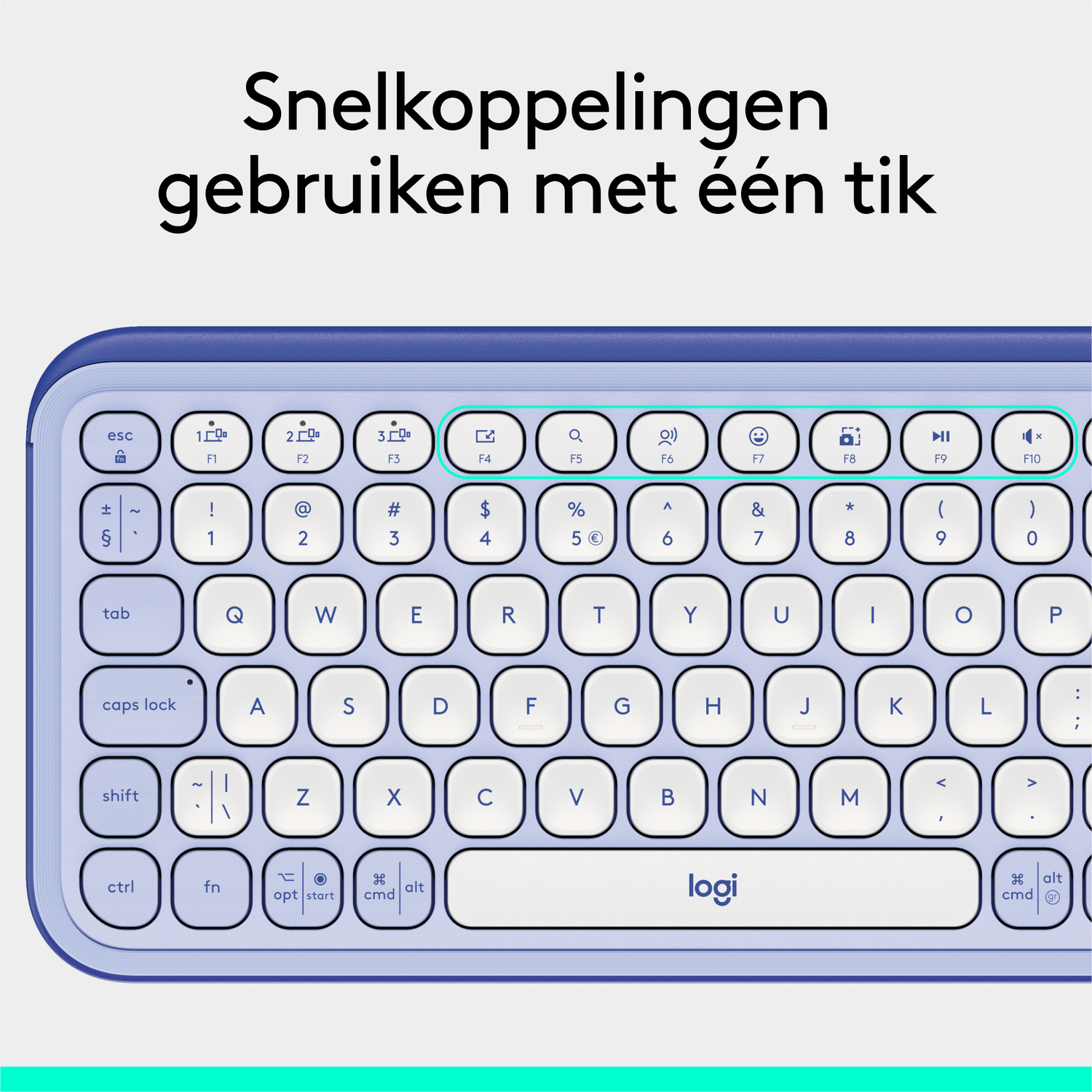 Een close-up van een blauw toetsenbord met witte toetsen en een merklogo.