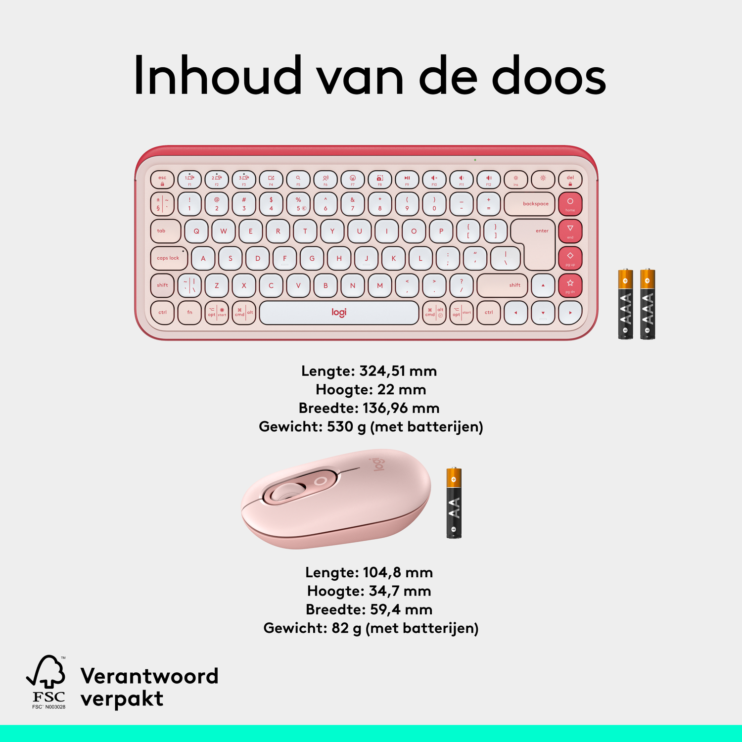 Roze toetsenbord en muis met afmetingen en batterij-informatie. Nederlandse tekst: Inhoud van de doos.