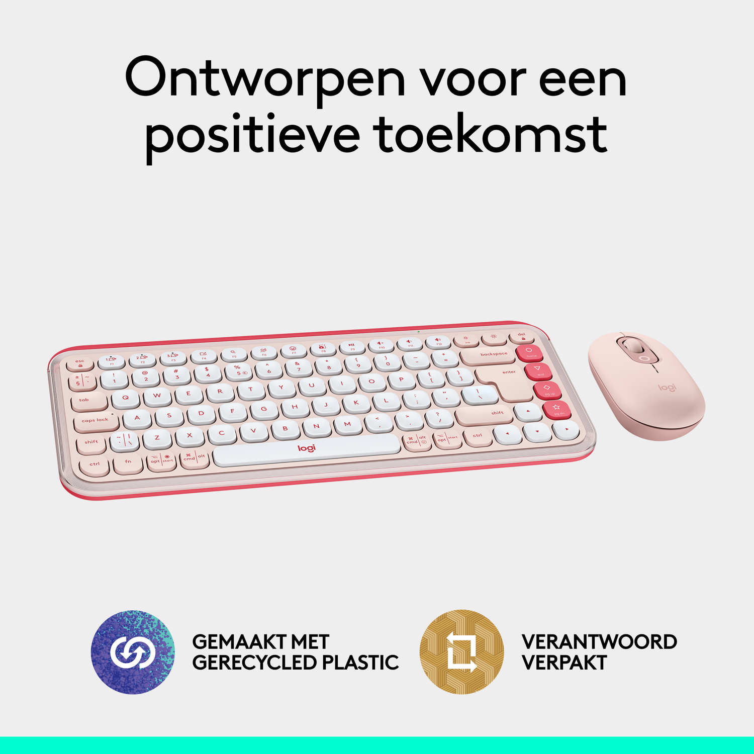 Een roze toetsenbord- en muisset. Het toetsenbord heeft witte toetsen en een roze frame.