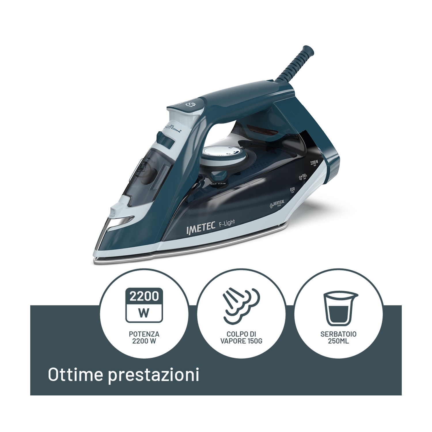 Un ferro da stiro con design blu e nero. Il testo sul ferro recita "IMETEC F-Light" e "2200W".