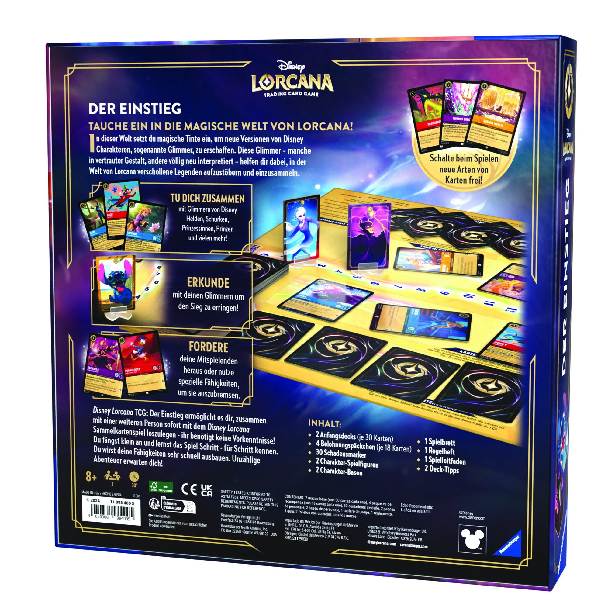 Rückseite einer Disney Lorcana Trading Card Game Box mit Text und Karten.