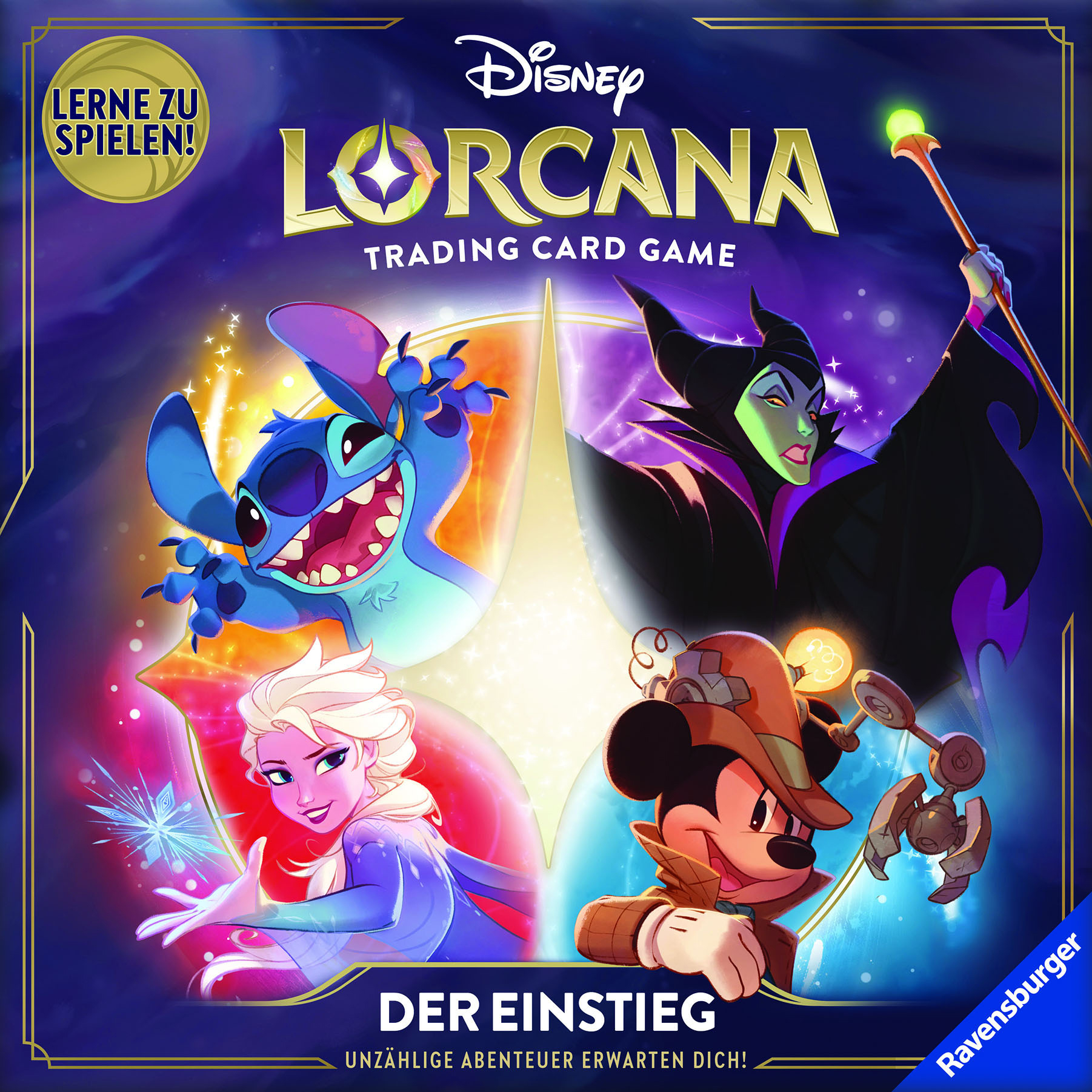 Disney Lorcana Trading Card Game Box. Enthält Stitch, Elsa, Mickey und Maleficent. Text auf Deutsch.