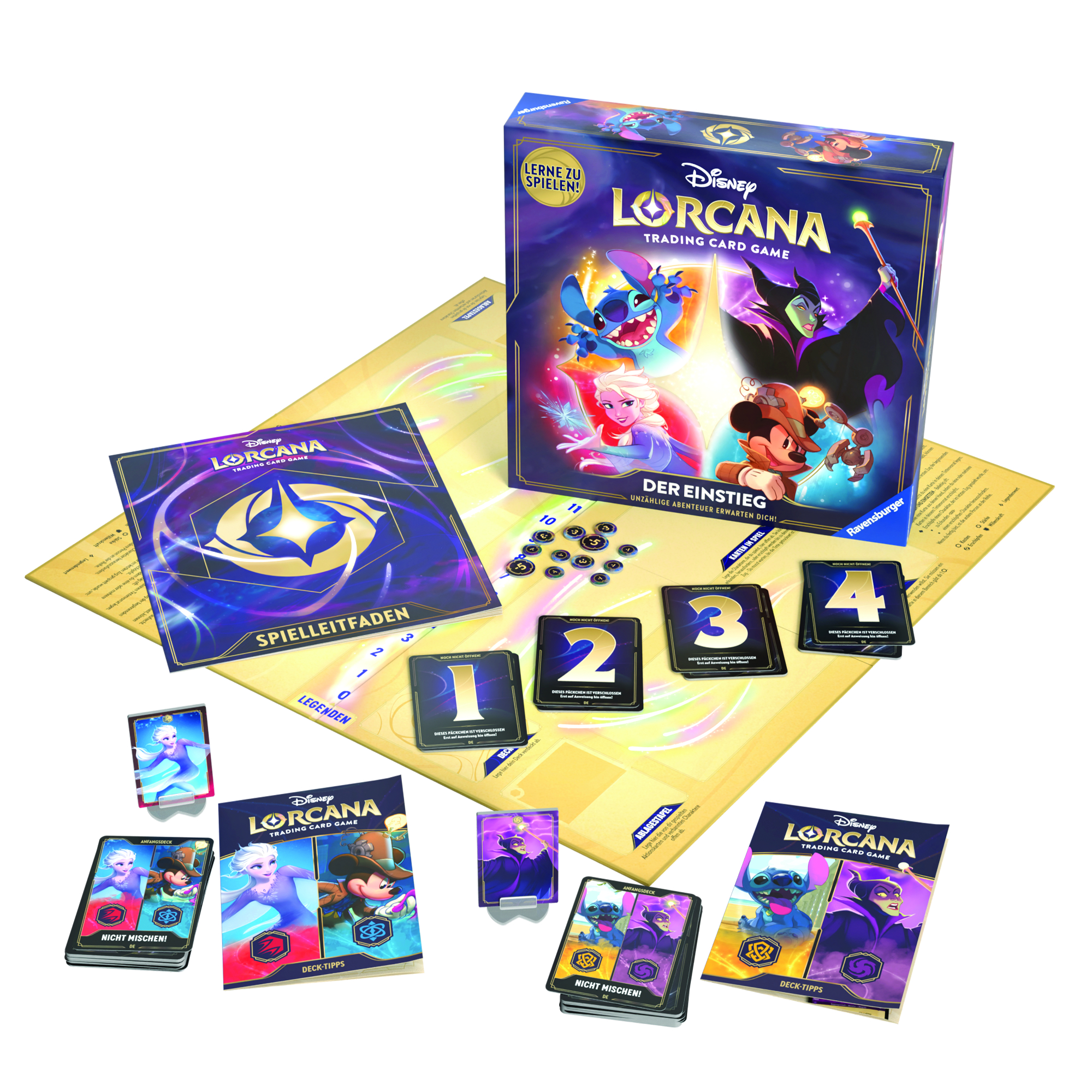 Disney Lorcana Trading Card Game Box und Inhalt. Enthält Karten, Spielbrett und Würfel.
