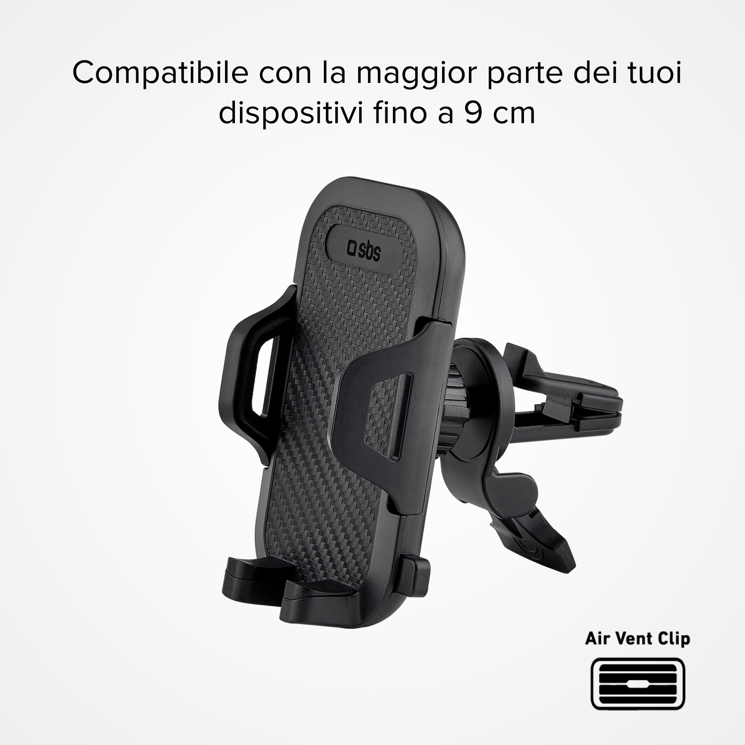 Zwarte telefoonhouder voor in de auto met tekst: Air Vent Clip.