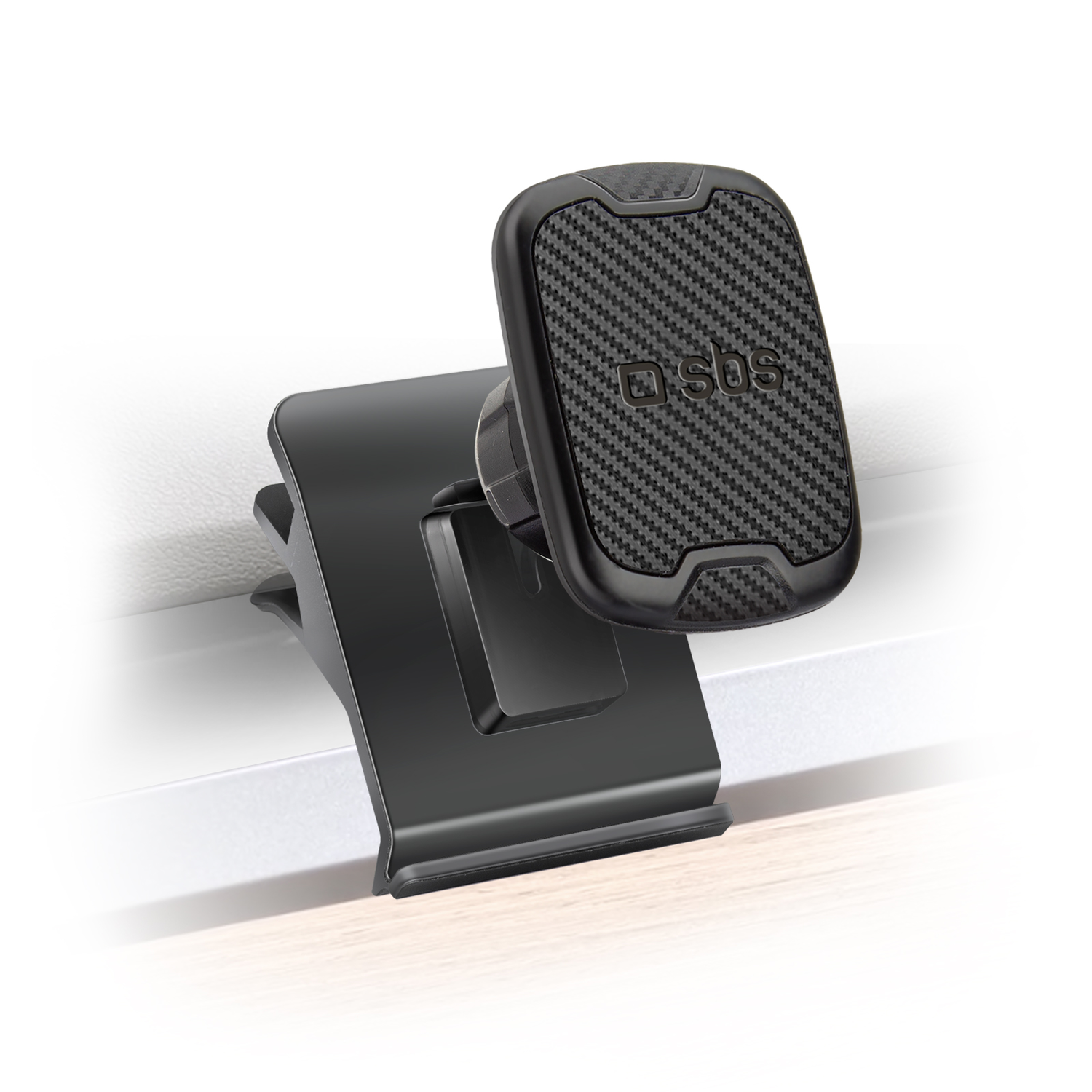 Support de téléphone noir avec texture fibre de carbone, fixé à un clip noir.