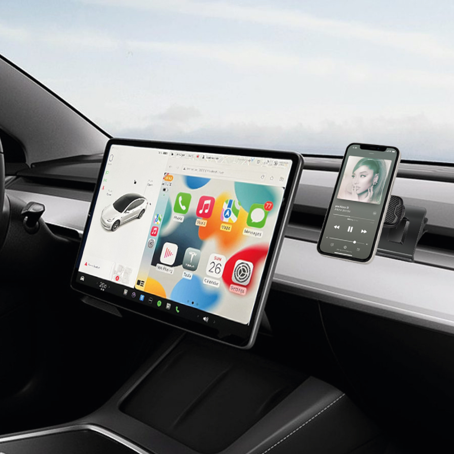 Tableau de bord d'une voiture avec écran de tablette affichant une voiture et un téléphone avec une application musicale.