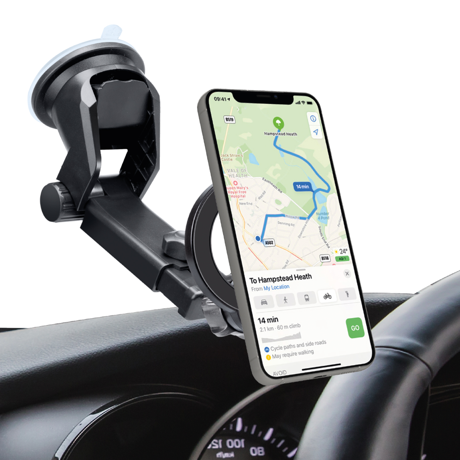 Telefoon in autohouder toont kaart. Zwart dashboard zichtbaar.