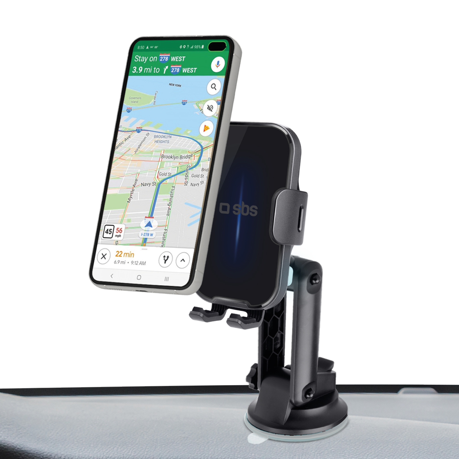 Een smartphone in een autohouder die een kaart weergeeft. De houder is zwart, bevestigd aan het dashboard.