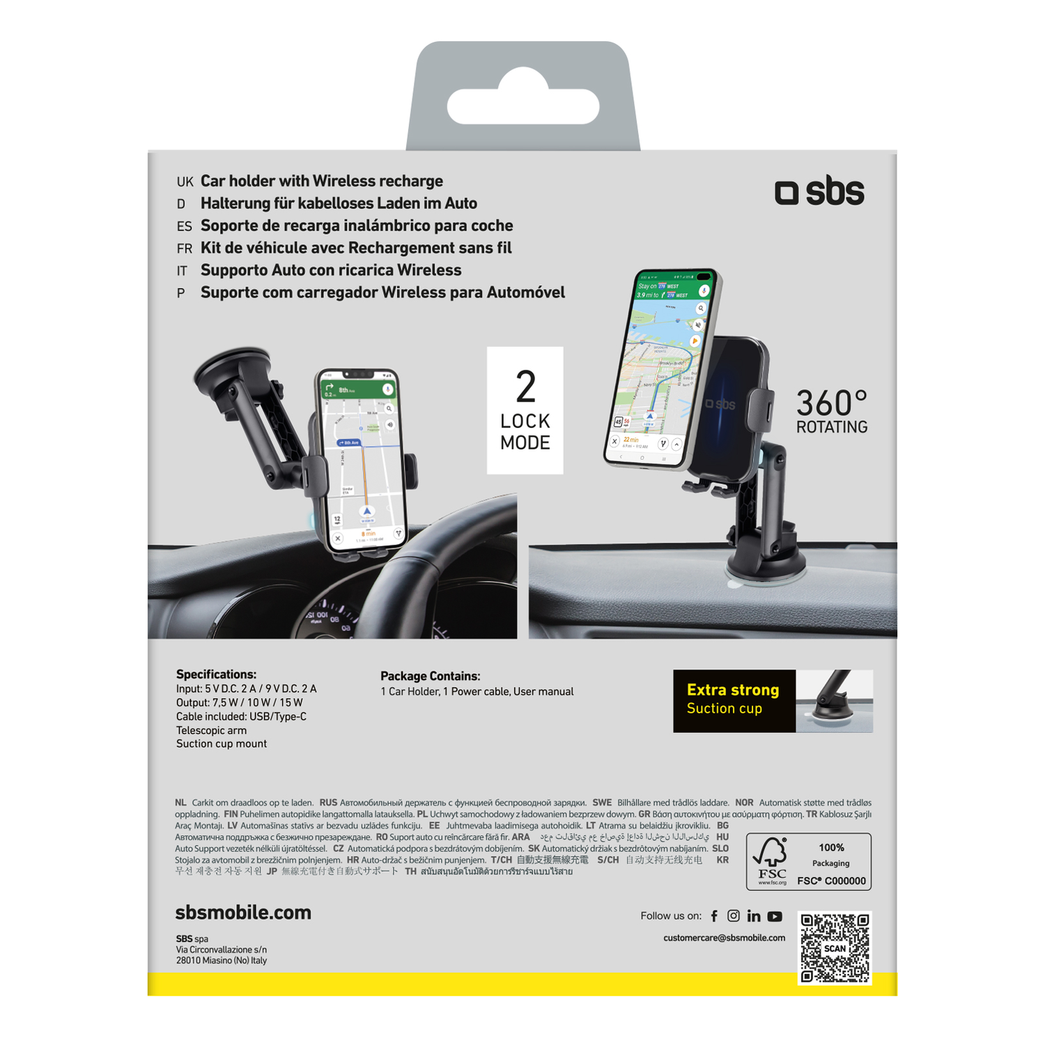 Telefoonhouder voor in de auto met telefoon met kaart. Tekst en specificaties zijn ook zichtbaar.