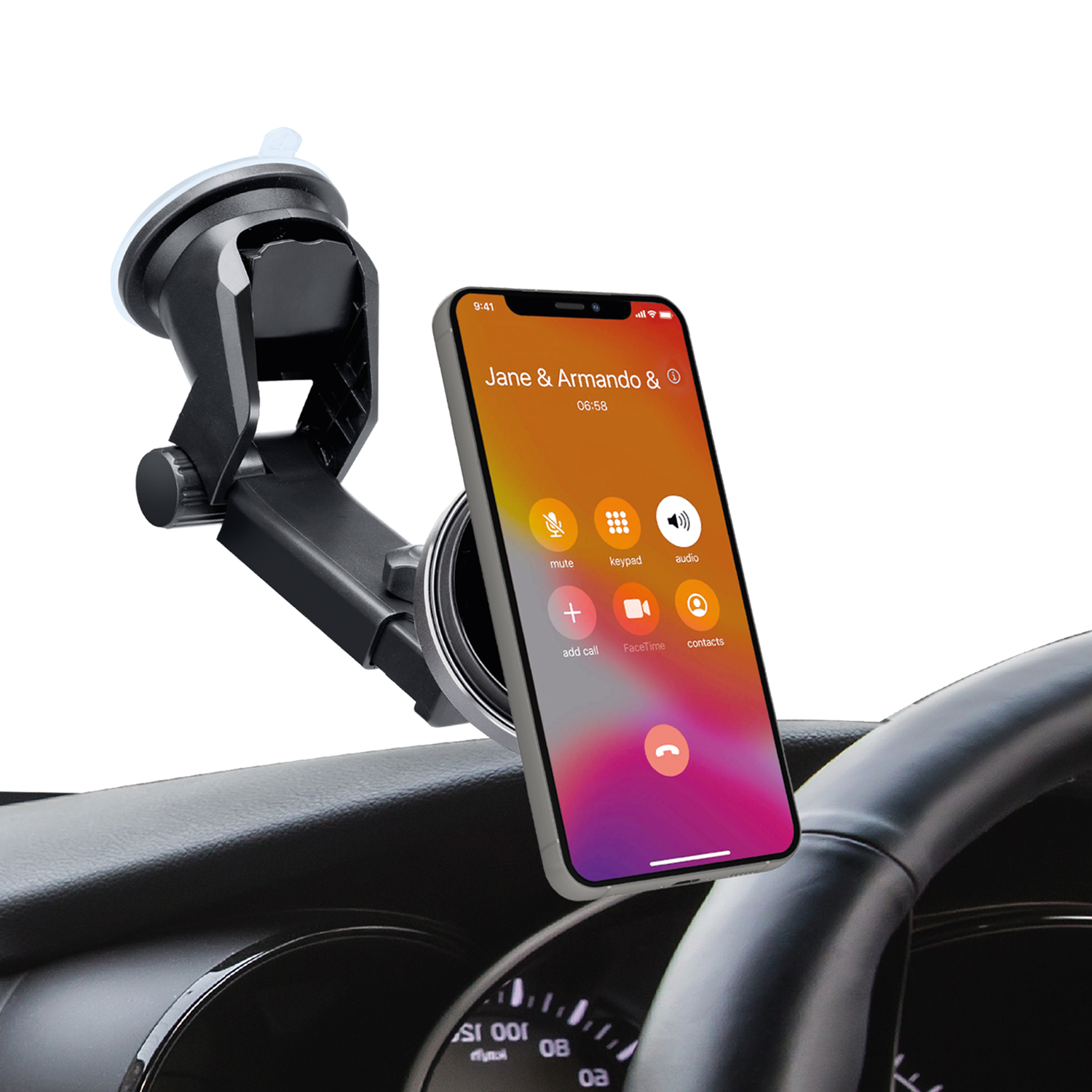 Een telefoon in een auto-houder die een oproep van 'Jane & Armando' toont.