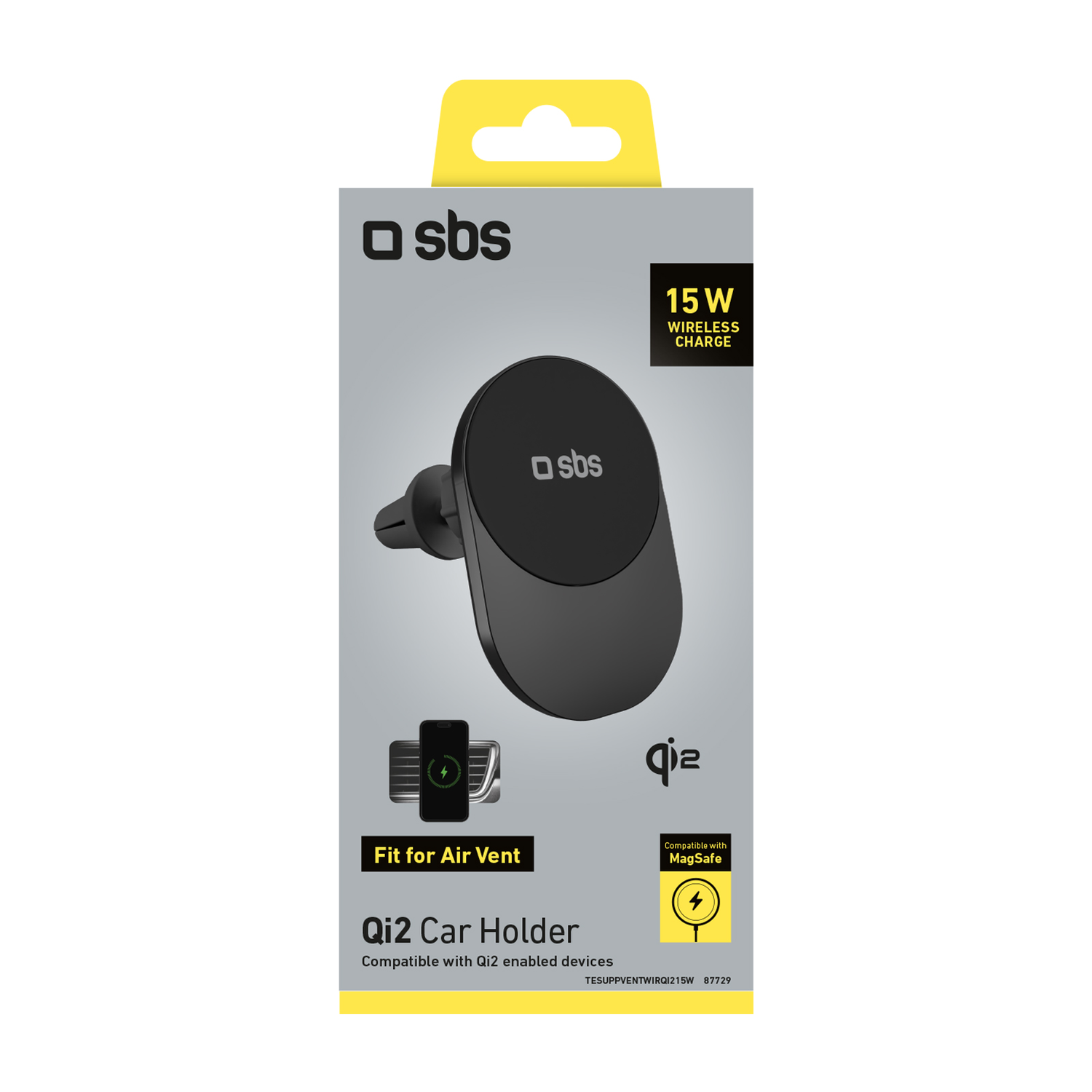 Support de voiture Qi2 noir avec charge sans fil 15W, compatible Qi2.