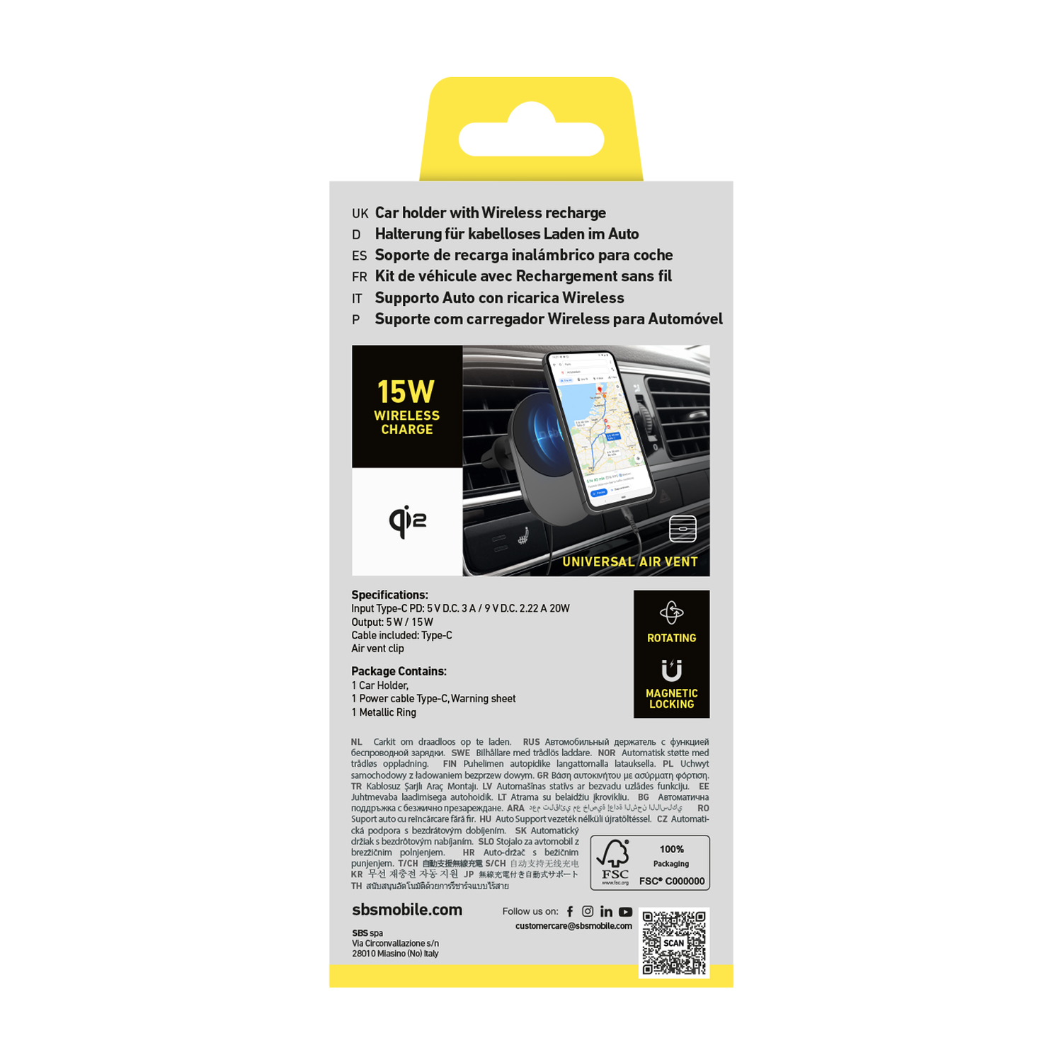 Emballage du produit montrant le support de voiture avec recharge sans fil.