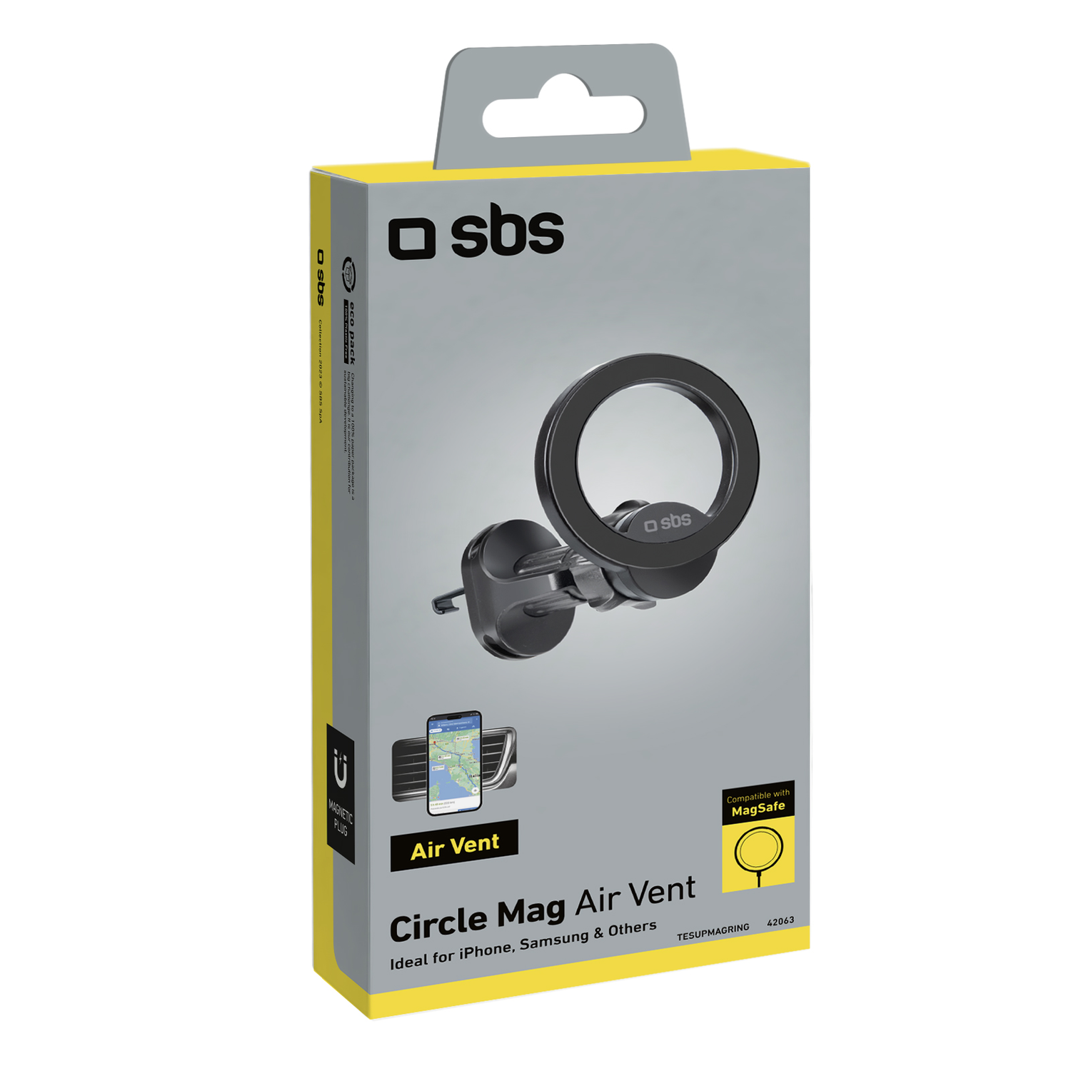 Boîte de support de téléphone de voiture SBS. Support noir, graphique de téléphone, texte blanc, boîte jaune, fond gris.