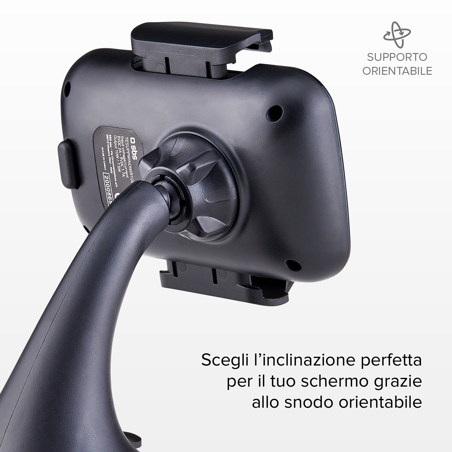 Gros plan sur un support de téléphone de voiture. Il est noir avec un joint rotatif. Le texte dit 'Support Orientable'.