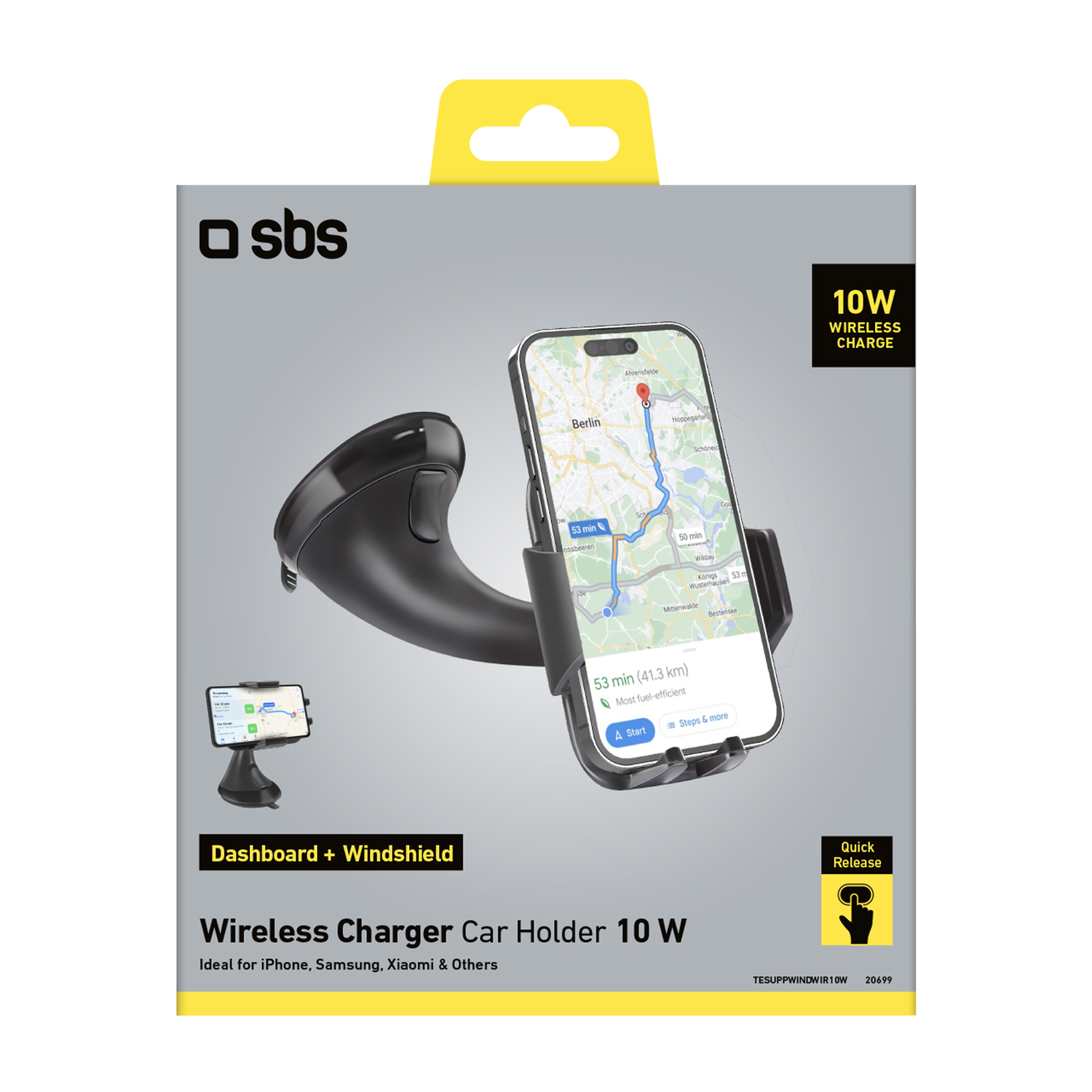 Support de téléphone de voiture dans une boîte. Le téléphone affiche une carte et texte 'Wireless Charger'.
