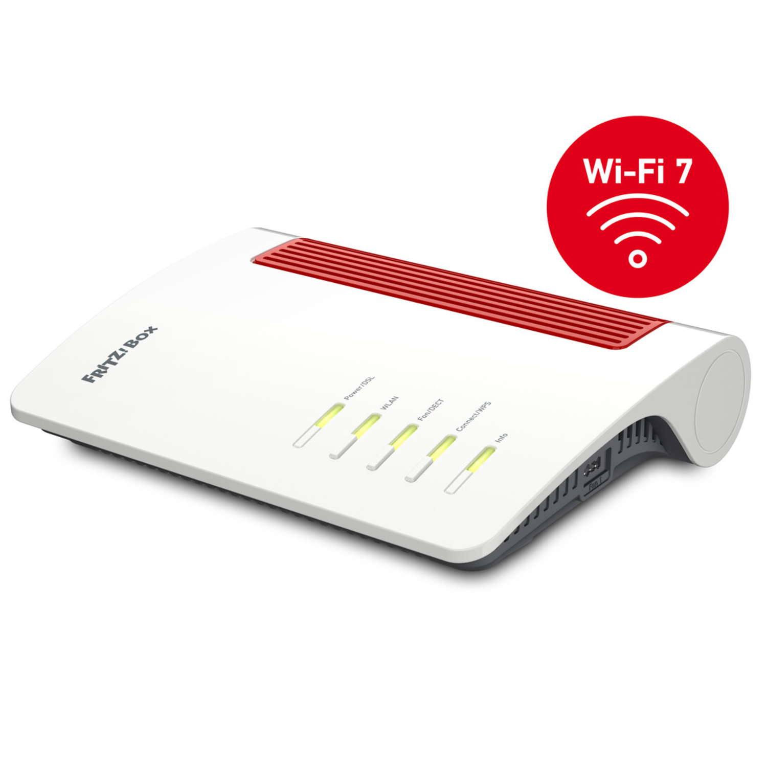 White and red Wi-Fi router with Wi-Fi 7 logo, angled view.