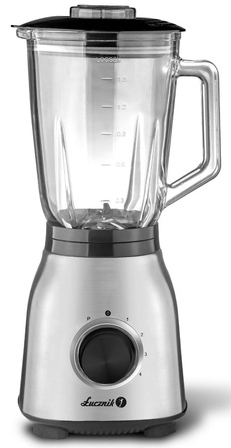 Srebrno-biały blender. Szklany dzbanek ze znakami pomiarowymi. Czarna pokrywa z uchwytem.