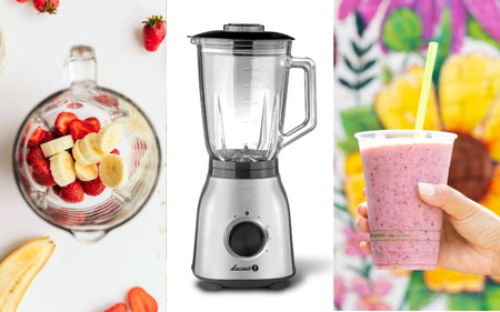 Blender ze składnikami obok koktajlu w kubku.