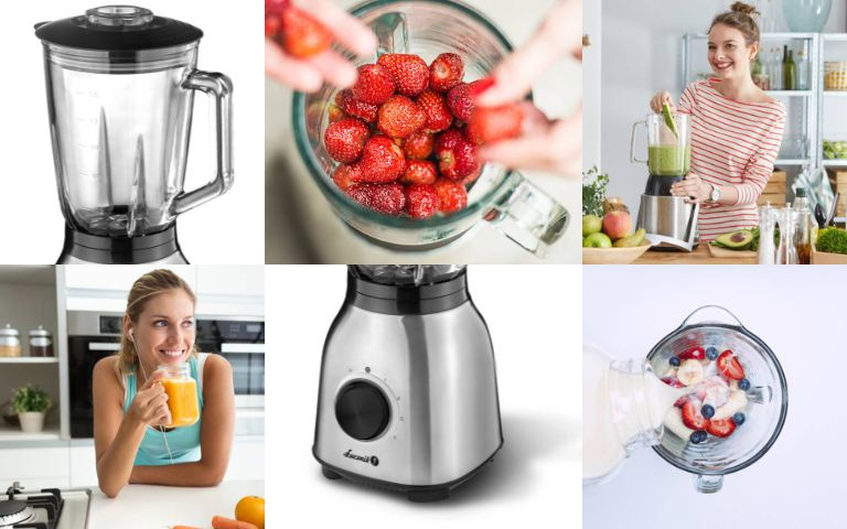 Blender z różnymi zdjęciami składników i osobą, która go używa.