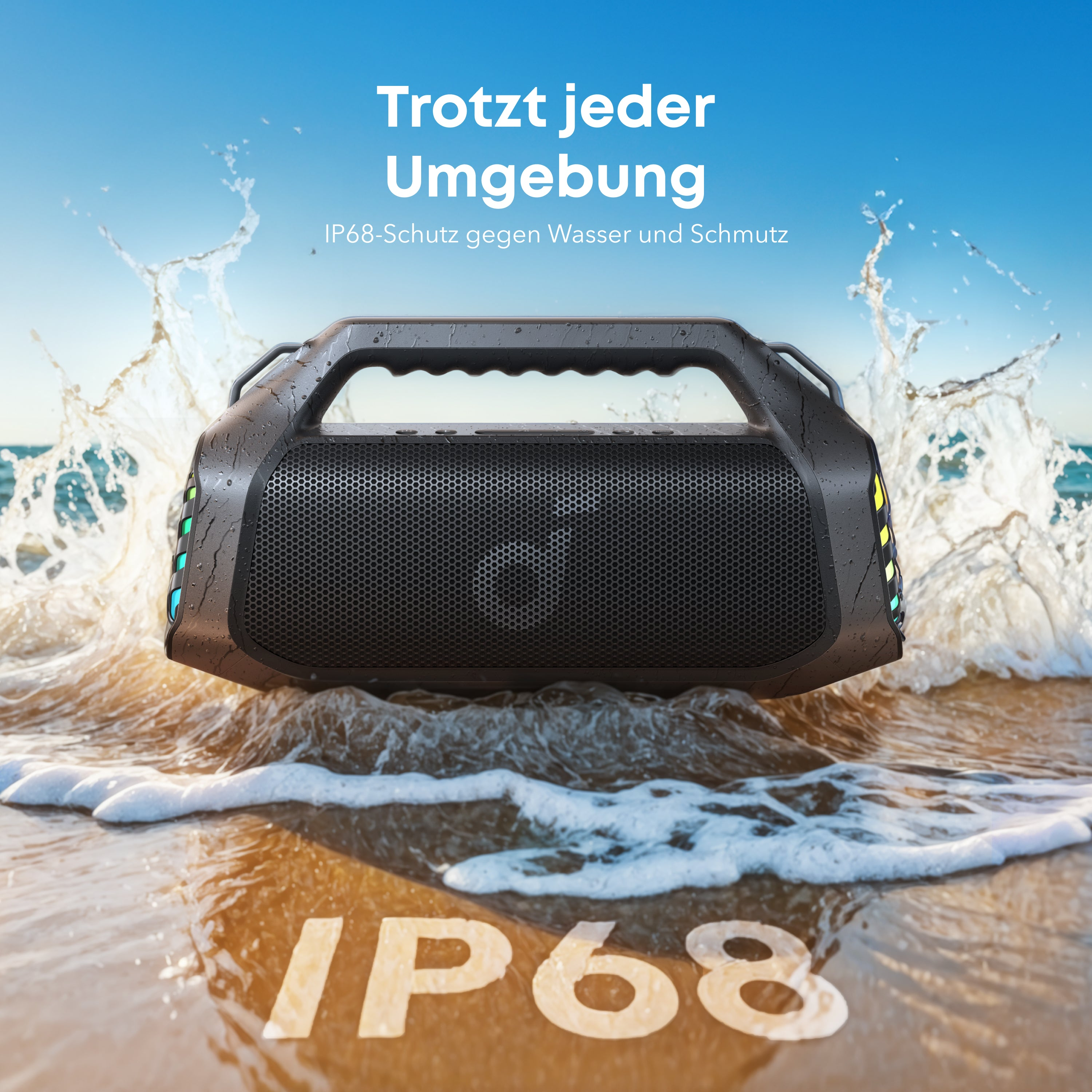 Schwarzer Lautsprecher in Wellen. Wasser spritzt darum, mit Text 'IP68' und deutschem Text.