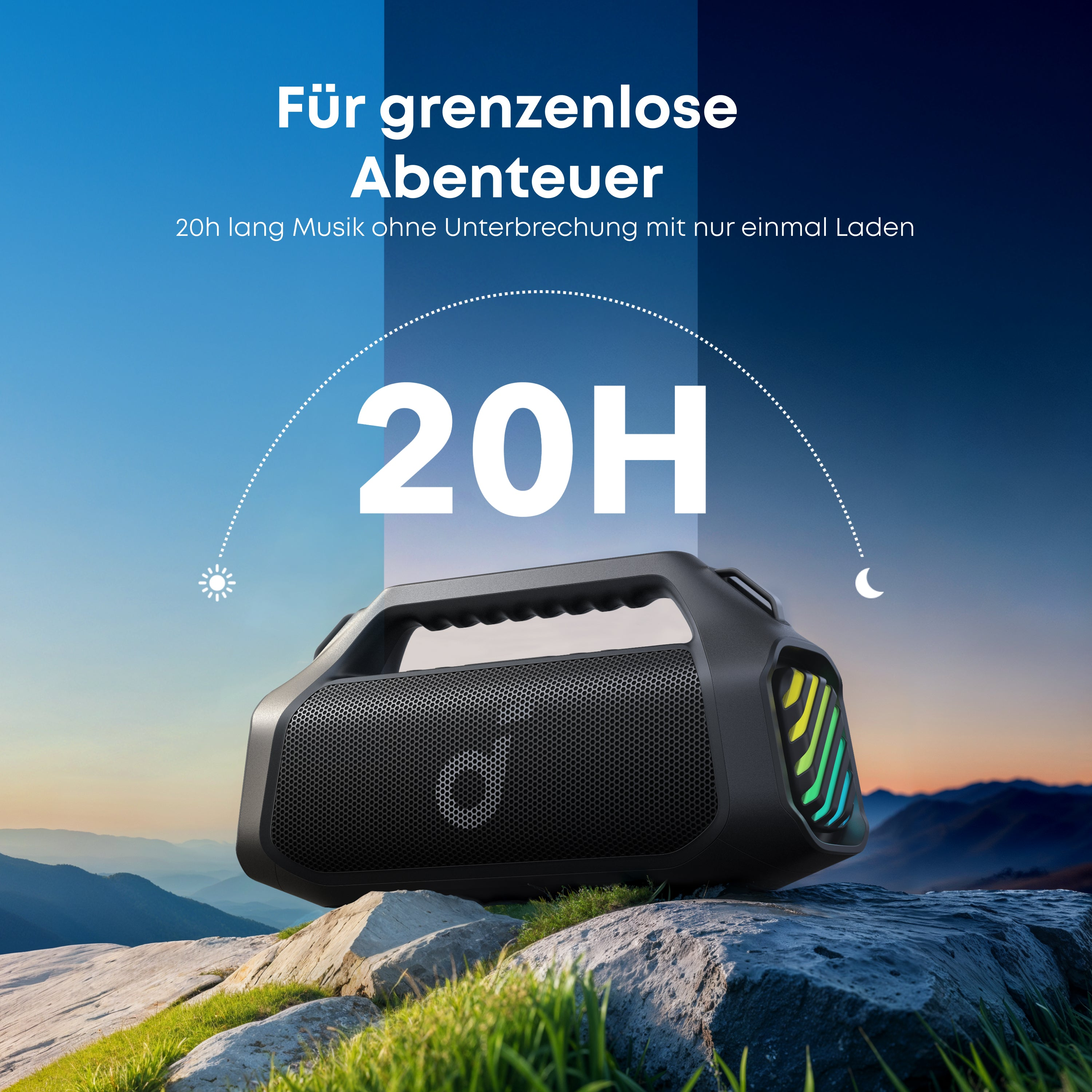 Schwarzer Lautsprecher mit Griff, Musiksymbol und Text auf Deutsch.