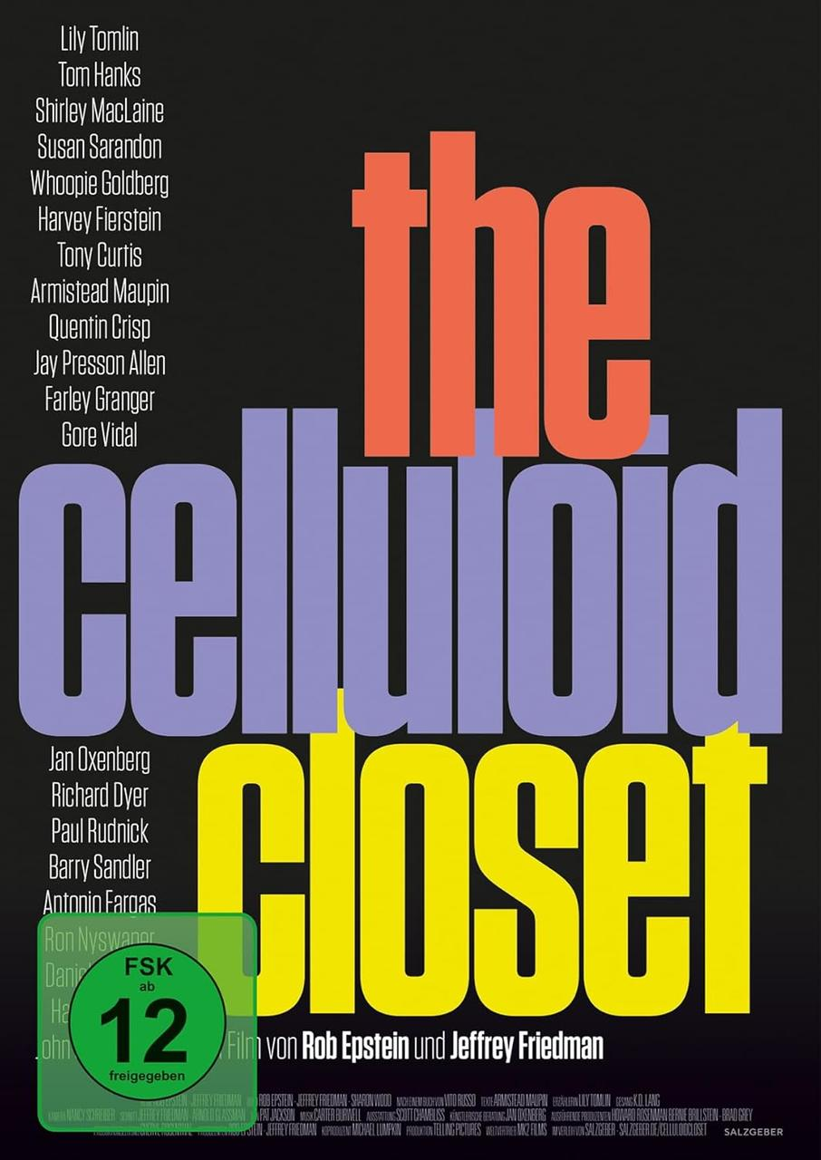 Filmposter für 'The Celluloid Closet' mit Schauspielernamen und gelbem Titel.